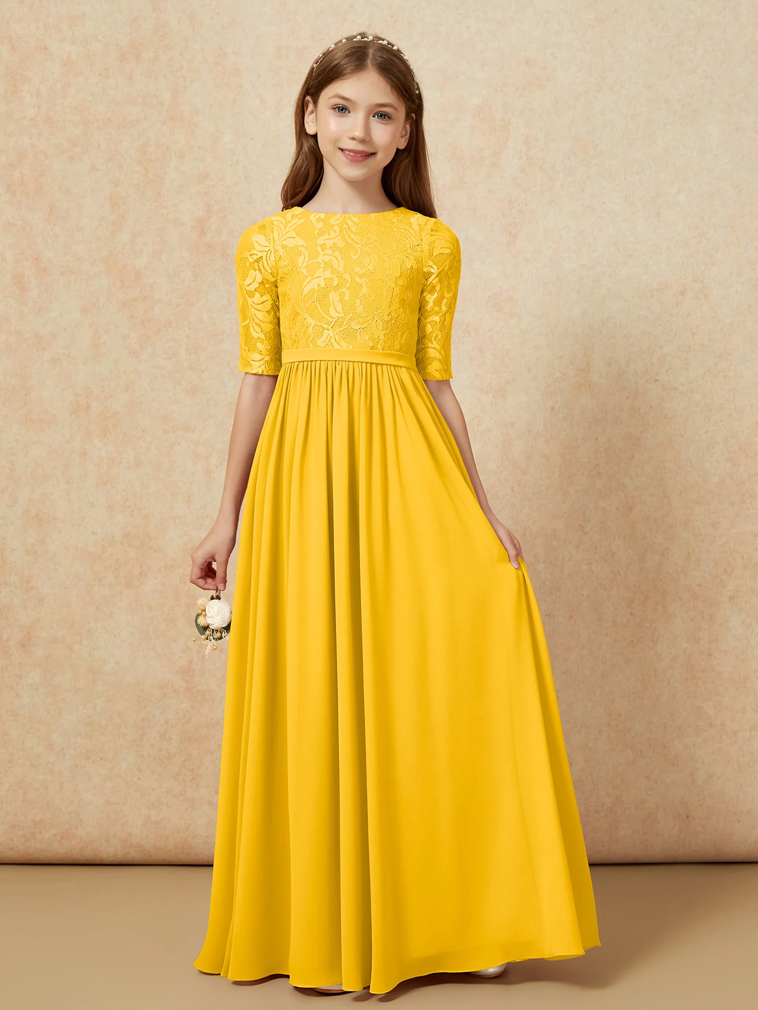Half Sleeve Lace Top Chiffon Junior Bridesmaid Dresses Marigold