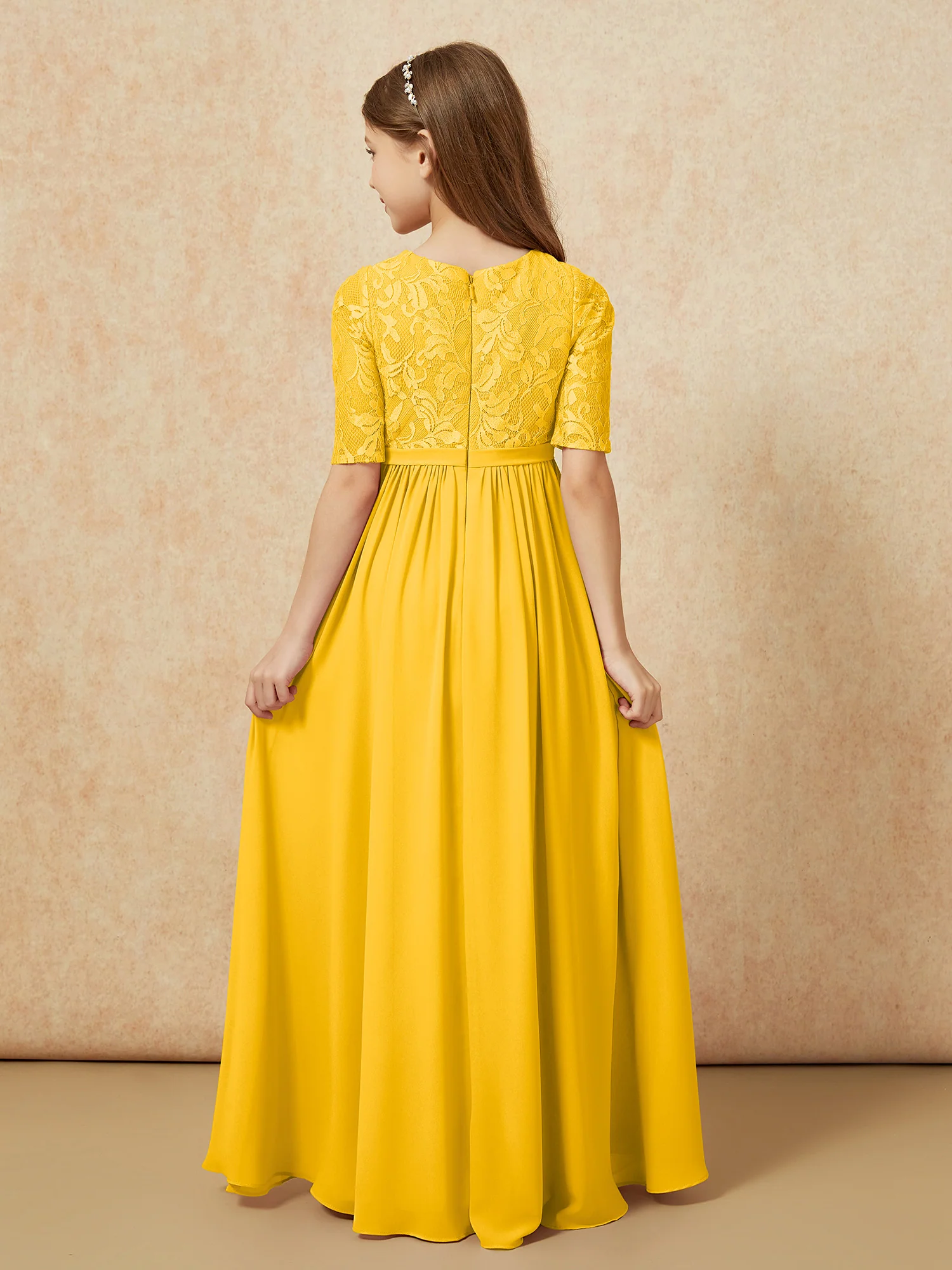 Half Sleeve Lace Top Chiffon Junior Bridesmaid Dresses Marigold - Image 2