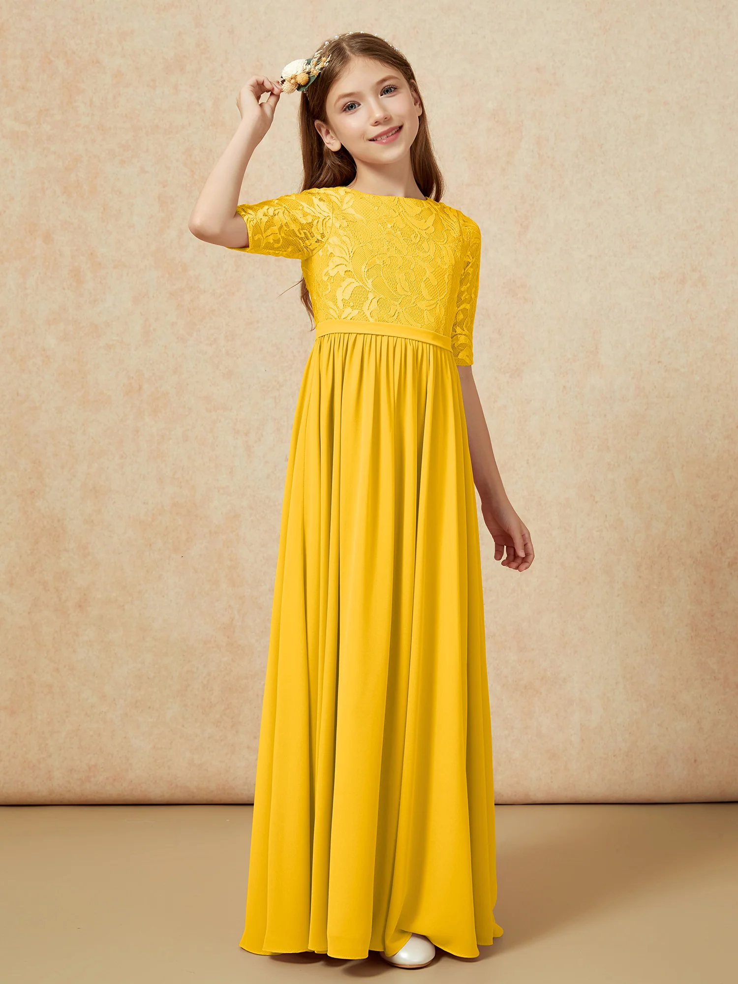 Half Sleeve Lace Top Chiffon Junior Bridesmaid Dresses Marigold - Image 3