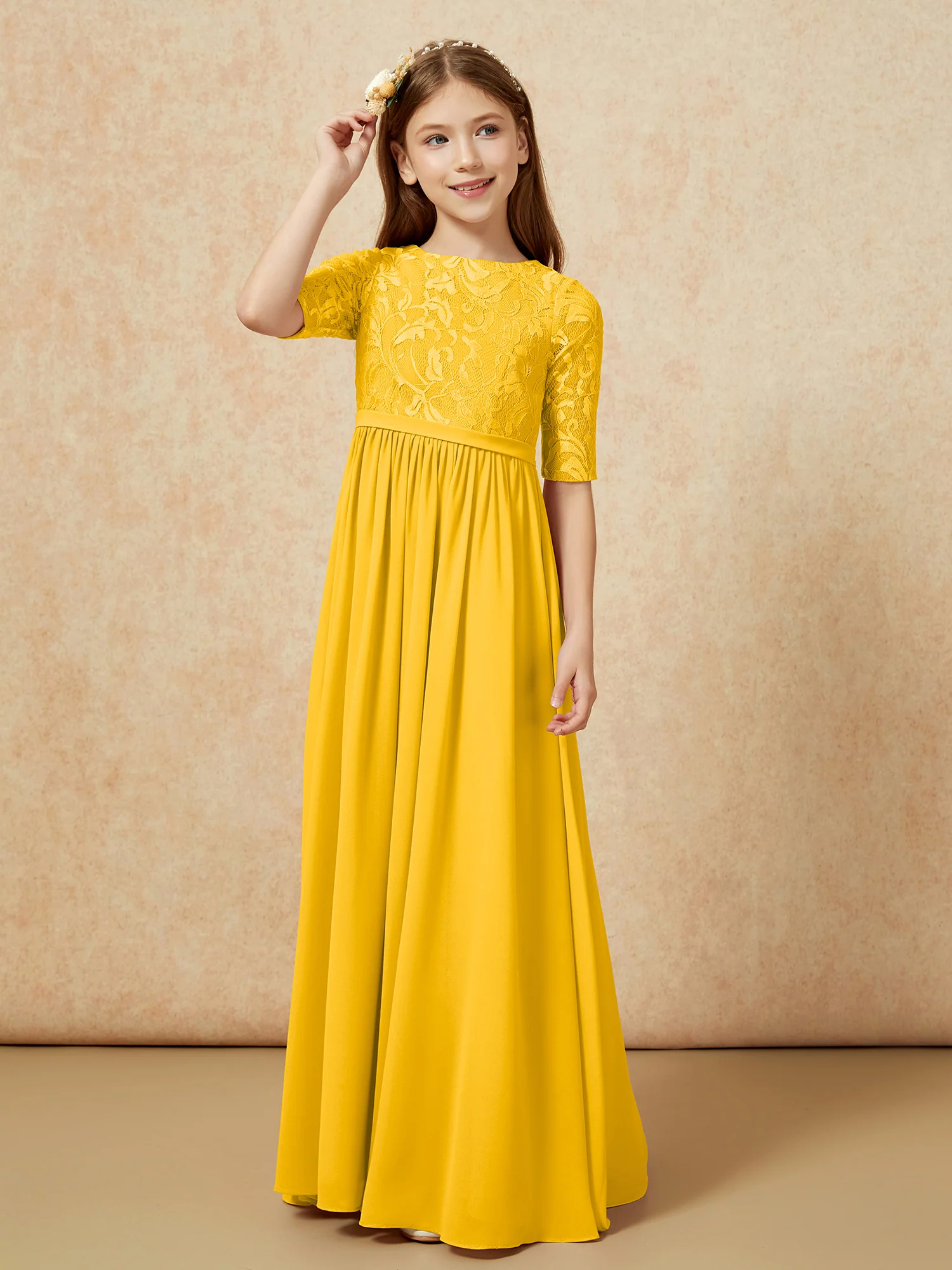 Half Sleeve Lace Top Chiffon Junior Bridesmaid Dresses Marigold - Image 5