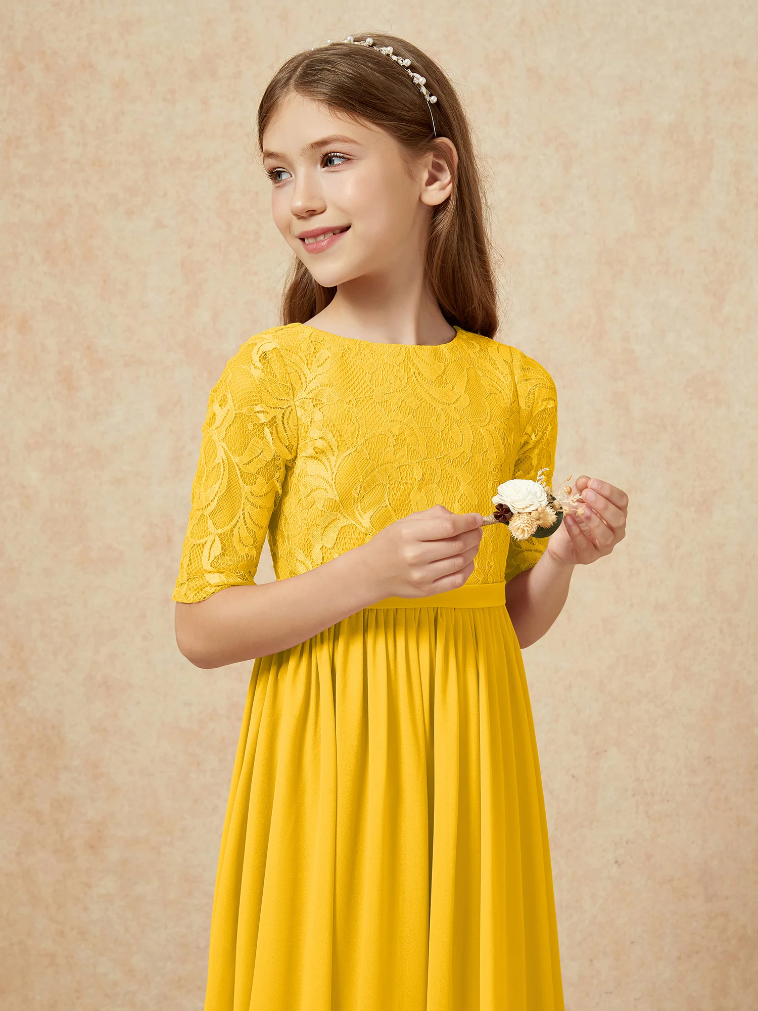 Half Sleeve Lace Top Chiffon Junior Bridesmaid Dresses Marigold - Image 6