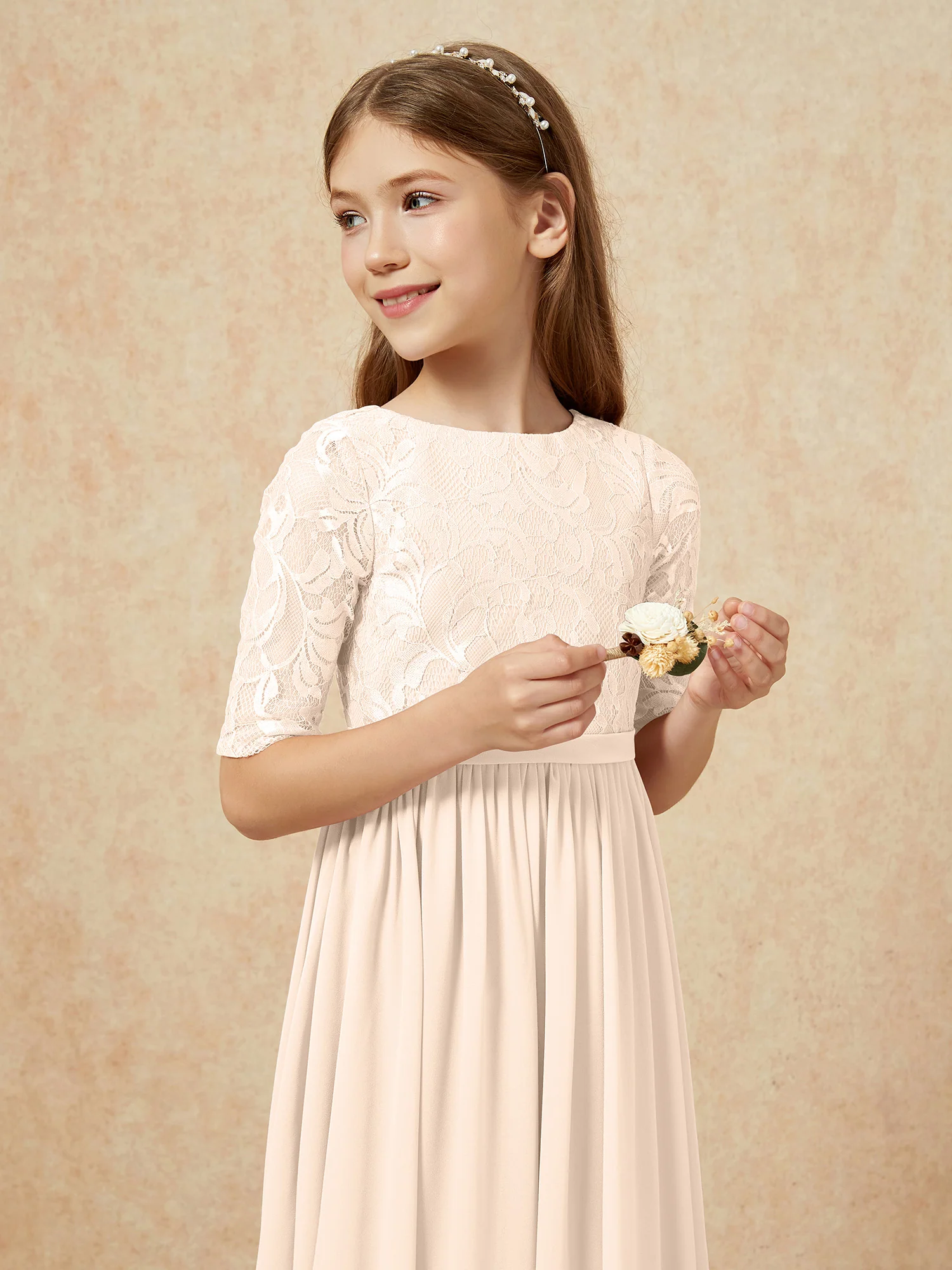 Half Sleeve Lace Top Chiffon Junior Bridesmaid Dresses Peach - Image 6