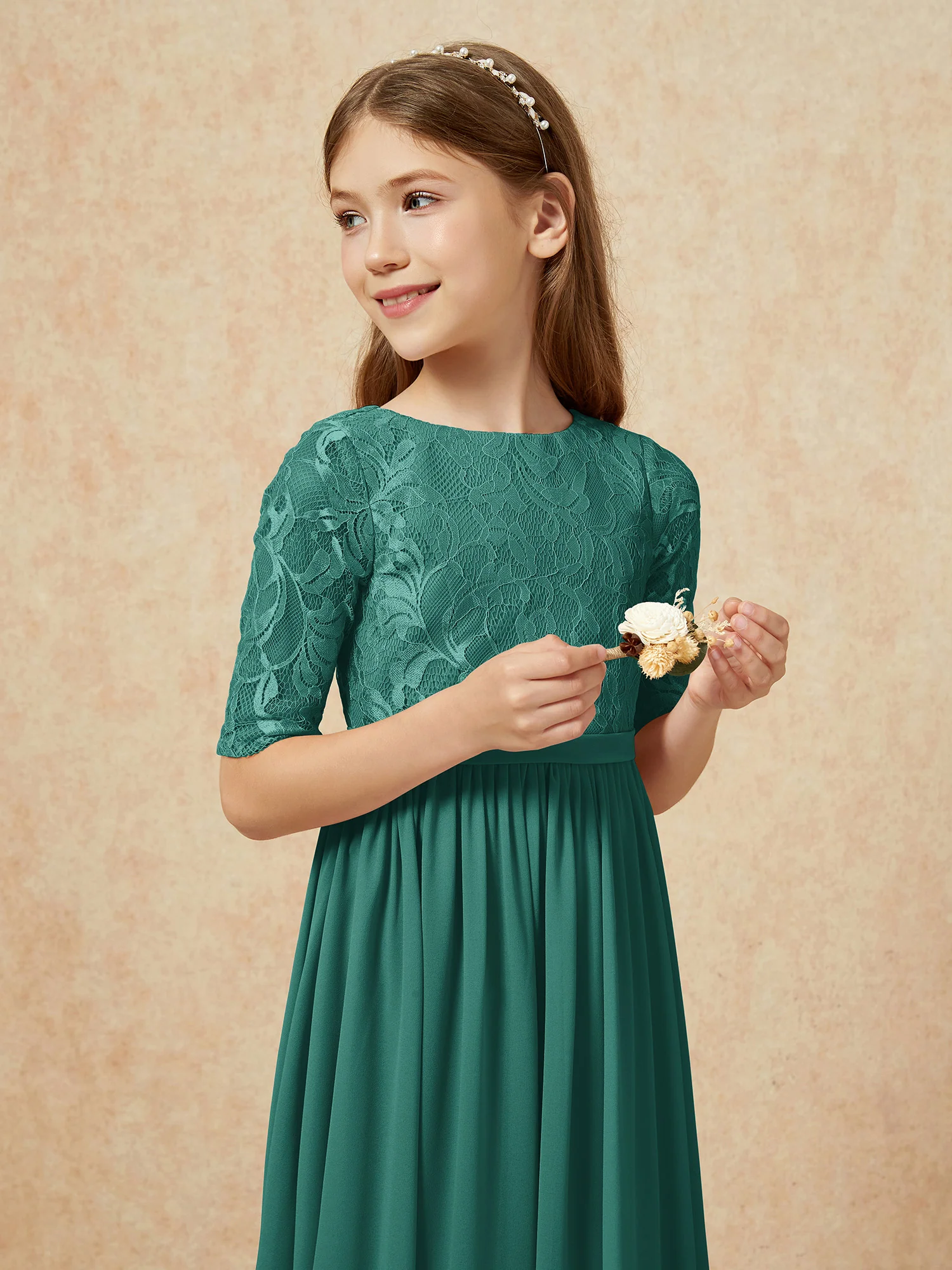 Half Sleeve Lace Top Chiffon Junior Bridesmaid Dresses Peacock - Image 6