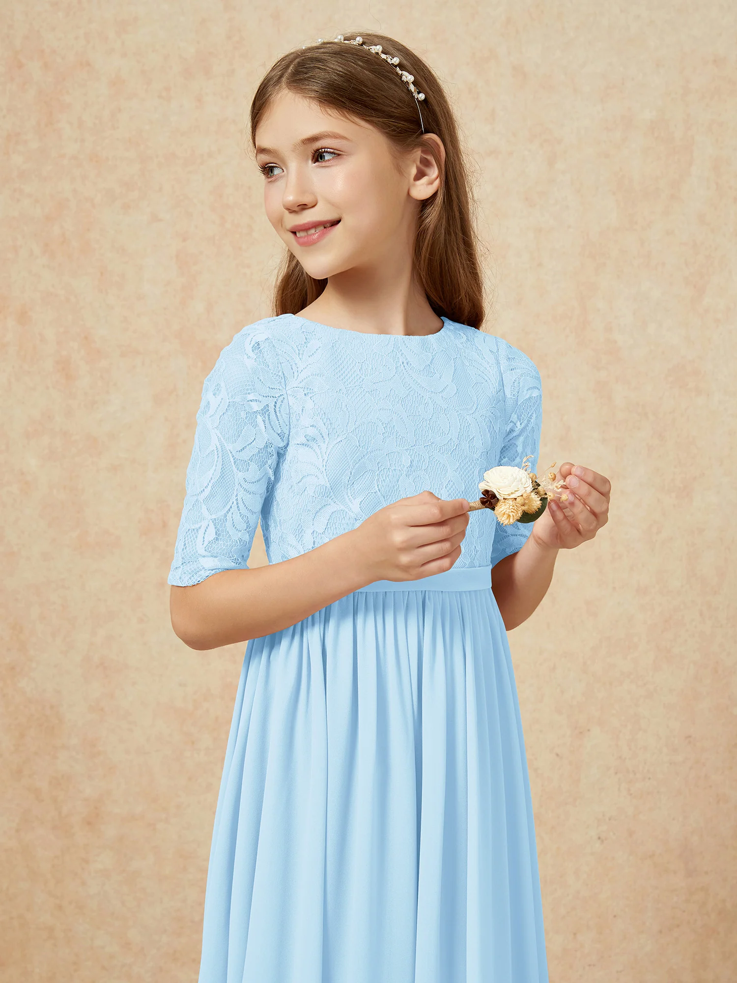 Half Sleeve Lace Top Chiffon Junior Bridesmaid Dresses Sky Blue - Image 6