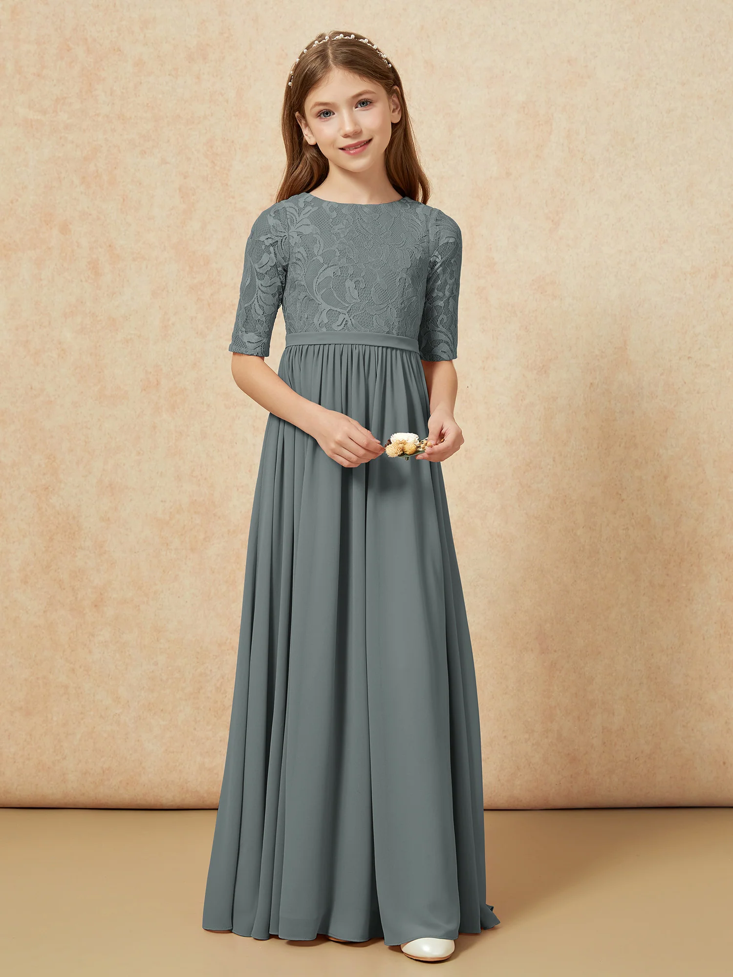 Half Sleeve Lace Top Chiffon Junior Bridesmaid Dresses Steel Grey - Image 4