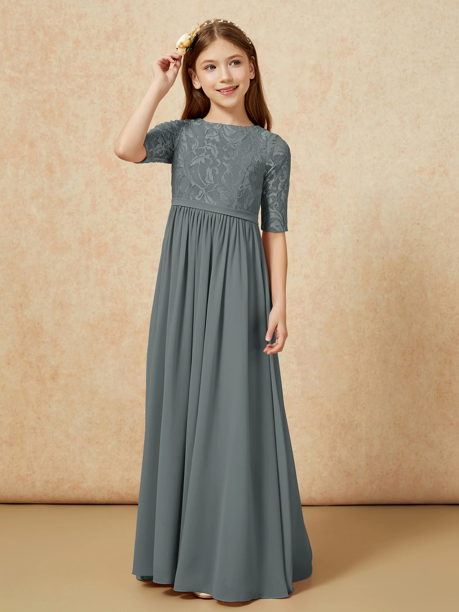 Half Sleeve Lace Top Chiffon Junior Bridesmaid Dresses Steel Grey - Image 5