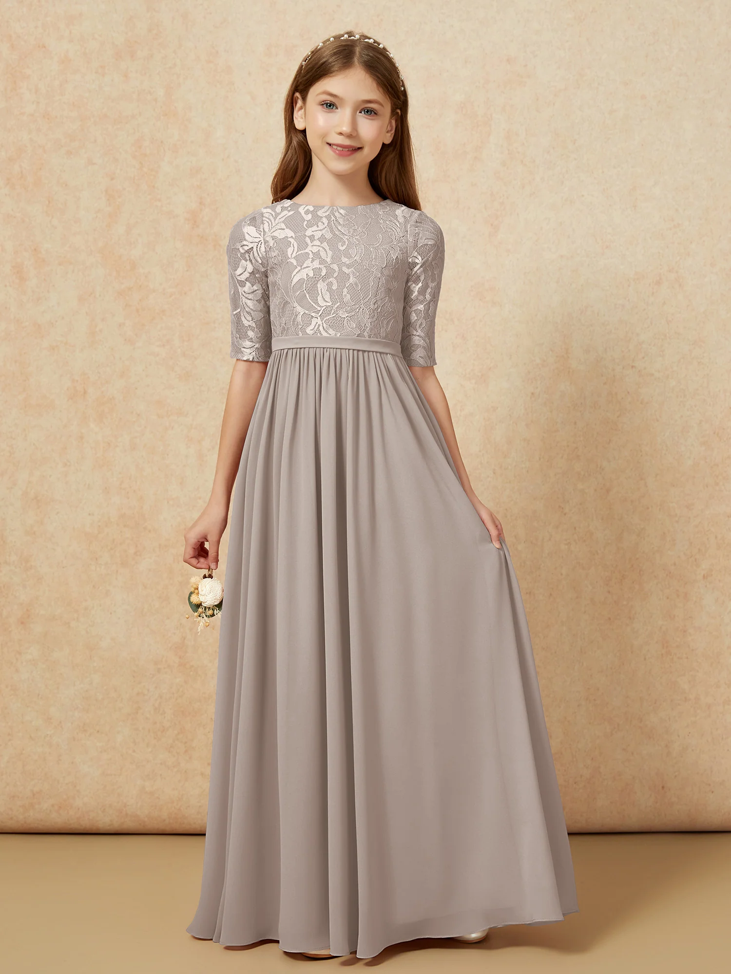 Half Sleeve Lace Top Chiffon Junior Bridesmaid Dresses Taupe
