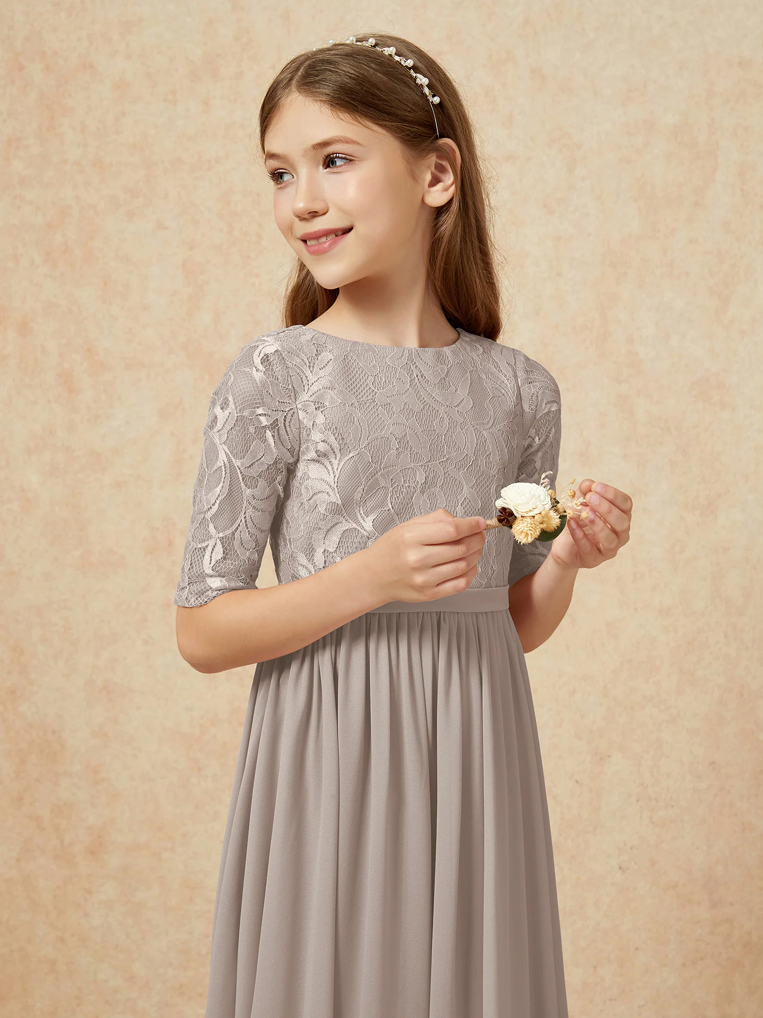 Half Sleeve Lace Top Chiffon Junior Bridesmaid Dresses Taupe - Image 6