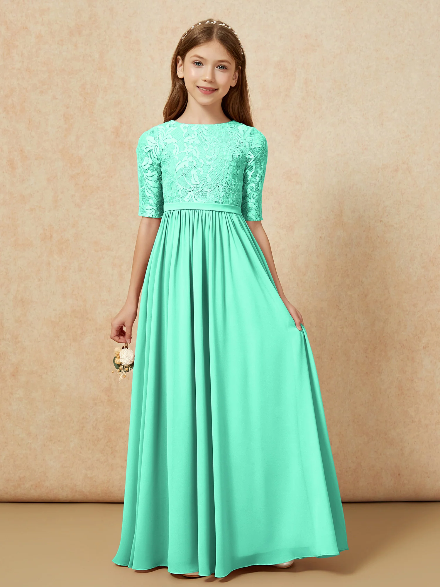 Half Sleeve Lace Top Chiffon Junior Bridesmaid Dresses Turquoise