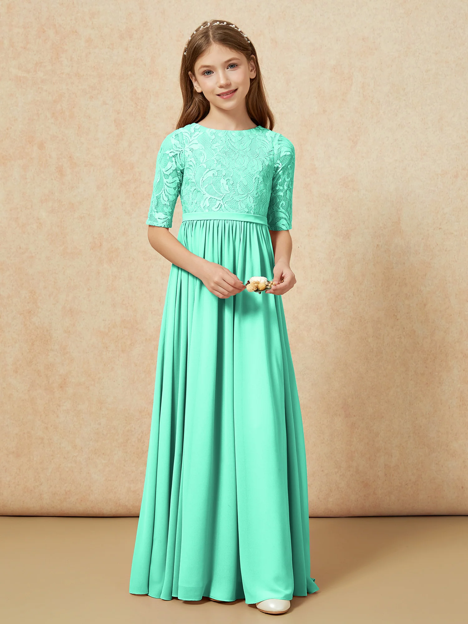 Half Sleeve Lace Top Chiffon Junior Bridesmaid Dresses Turquoise - Image 4