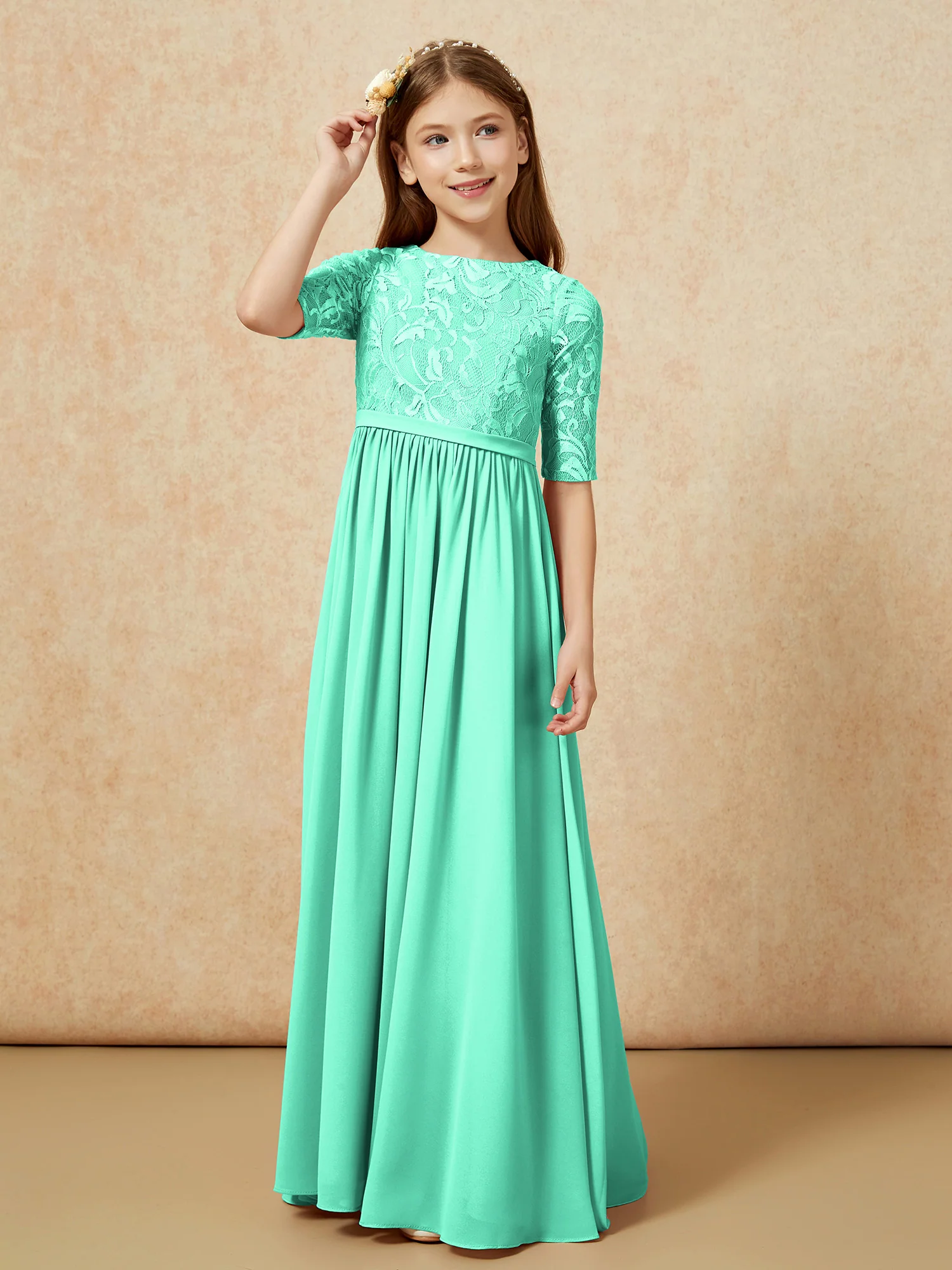 Half Sleeve Lace Top Chiffon Junior Bridesmaid Dresses Turquoise - Image 5