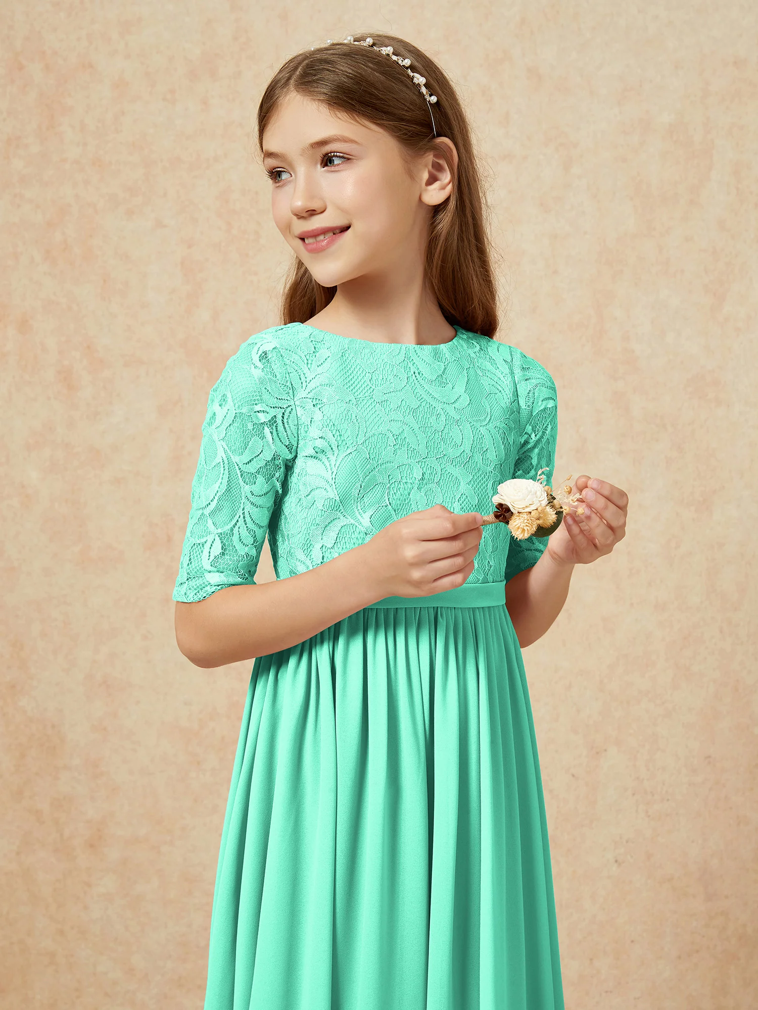 Half Sleeve Lace Top Chiffon Junior Bridesmaid Dresses Turquoise - Image 6
