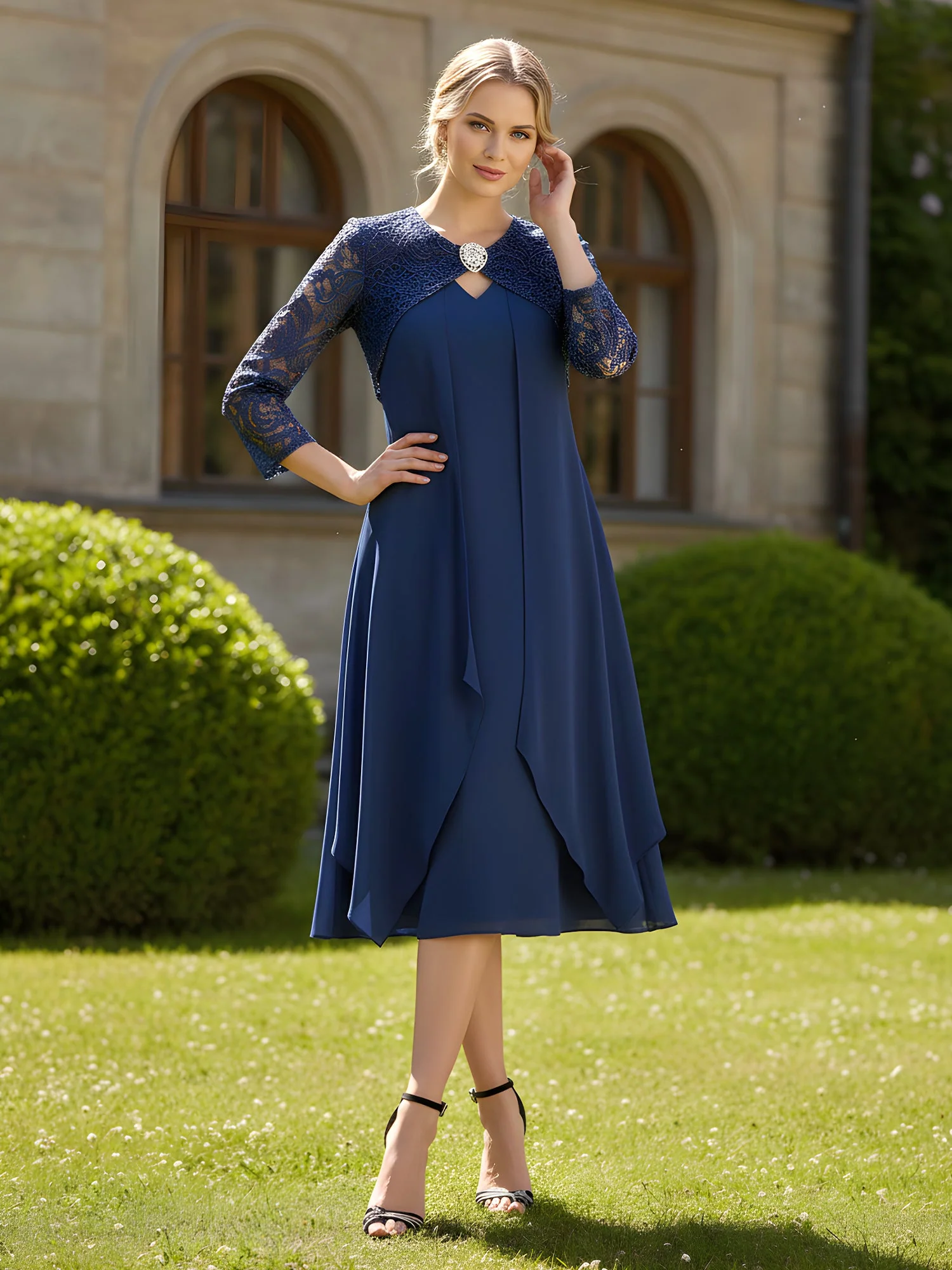 3/4 Sleeves Lace Chiffon Tea-Length Illusion Dark Green