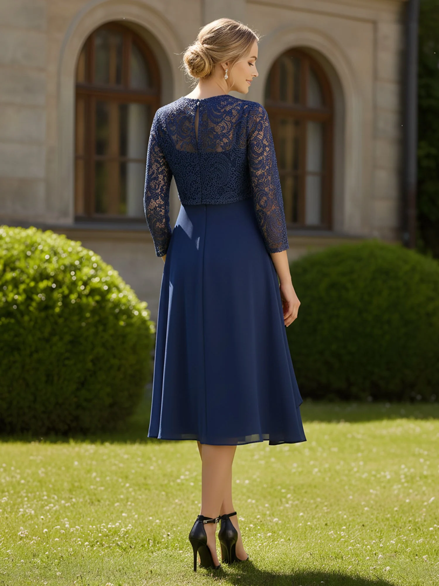 3/4 Sleeves Lace Chiffon Tea-Length Illusion Rust - Image 2