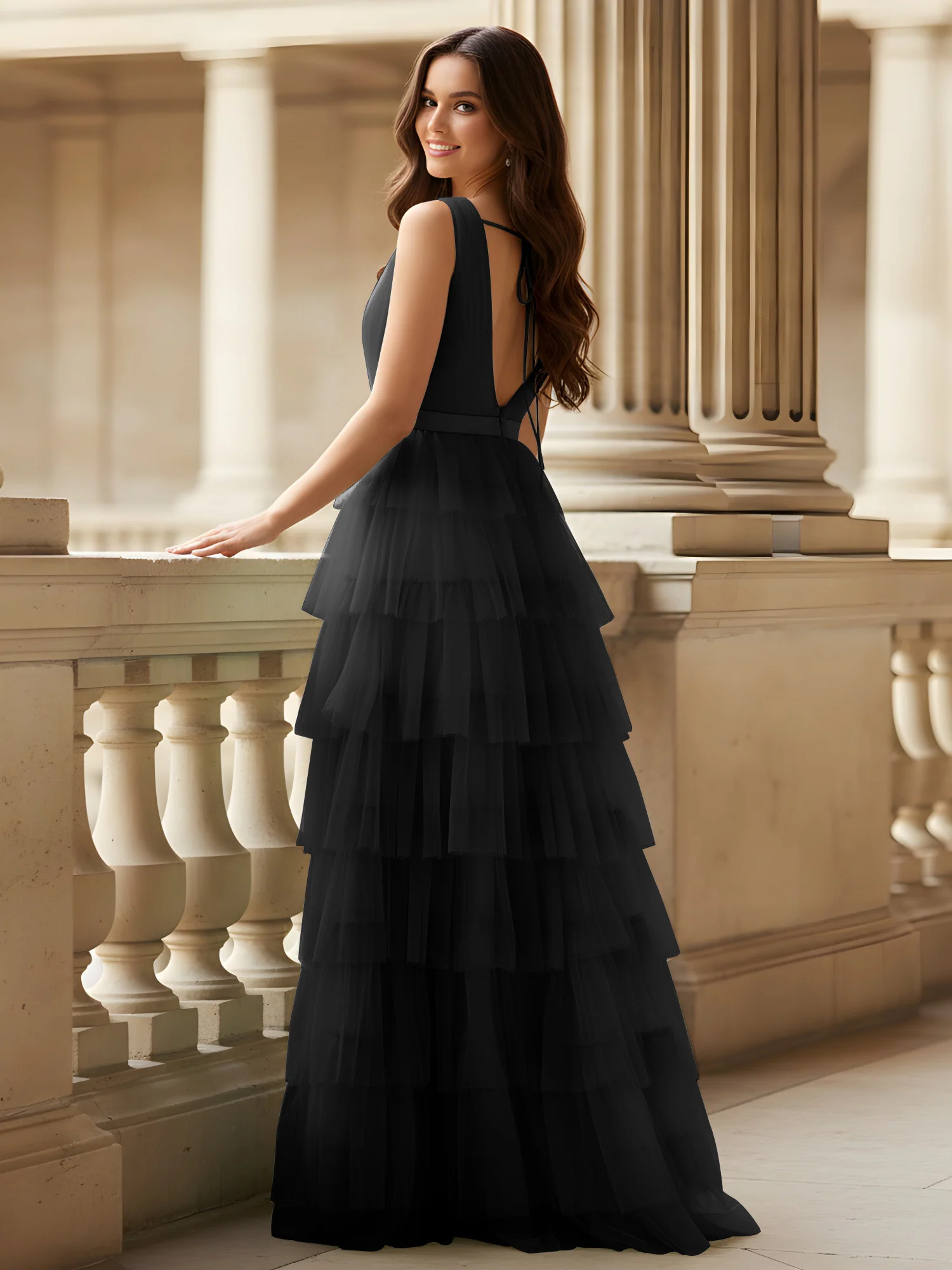 Ruched Bodice Formal Dress with Waistband Detail Black - Image 2