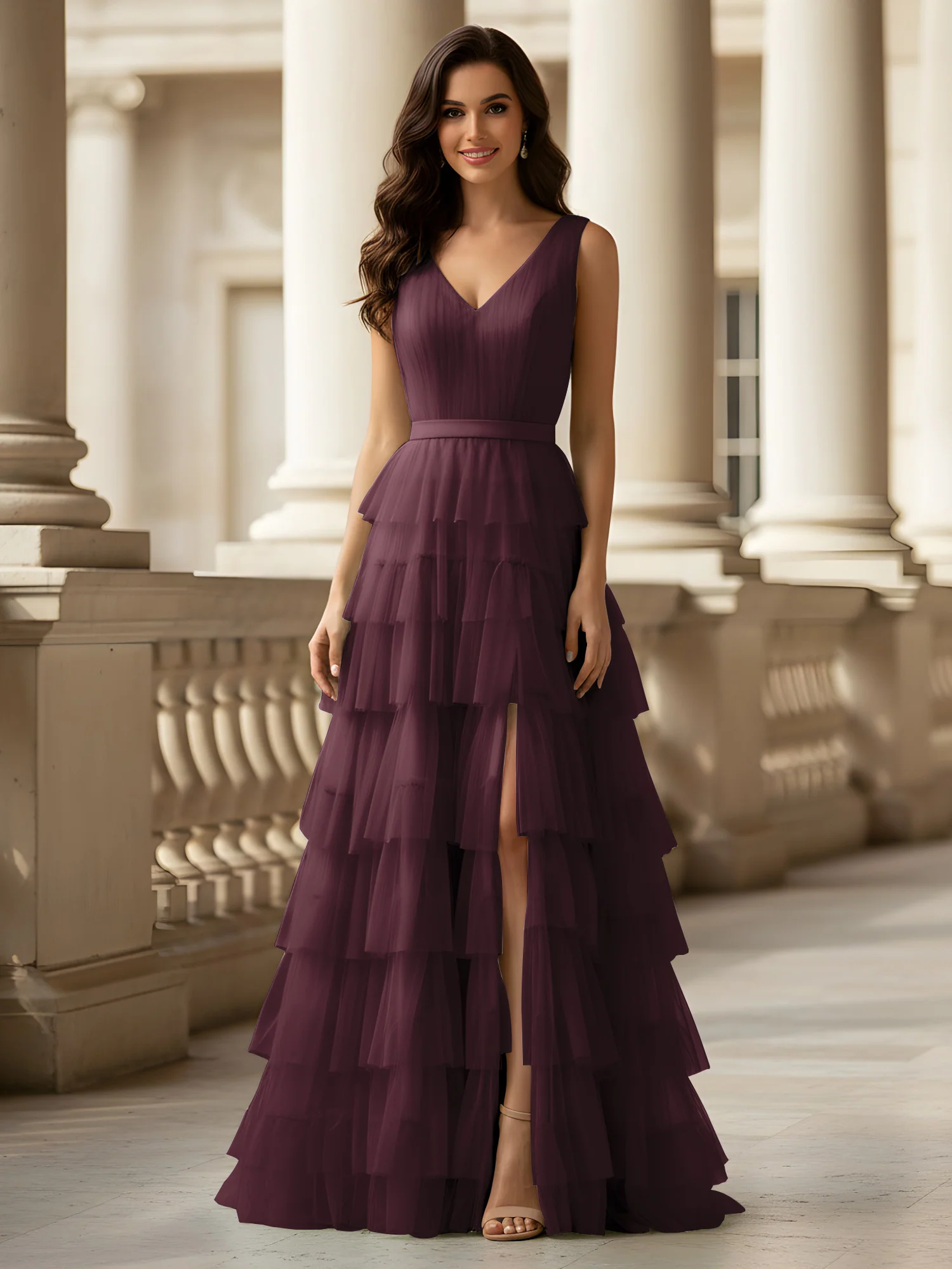 Ruched Bodice Formal Dress with Waistband Detail Cabernet