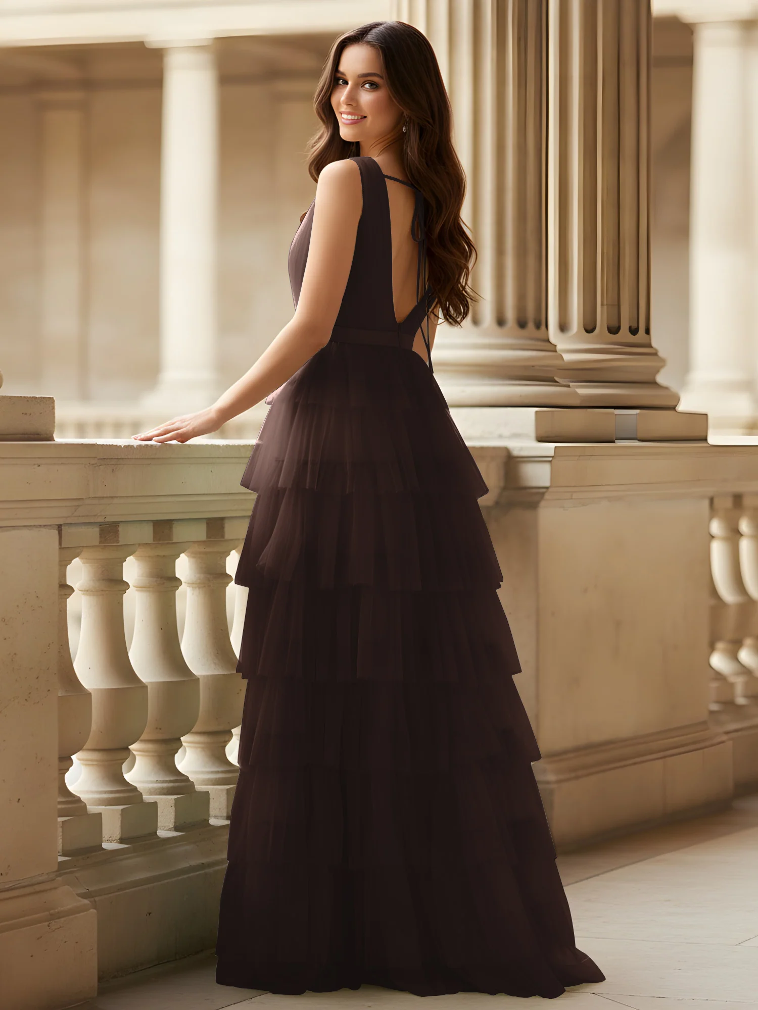 Ruched Bodice Formal Dress with Waistband Detail Chocolate - Image 2