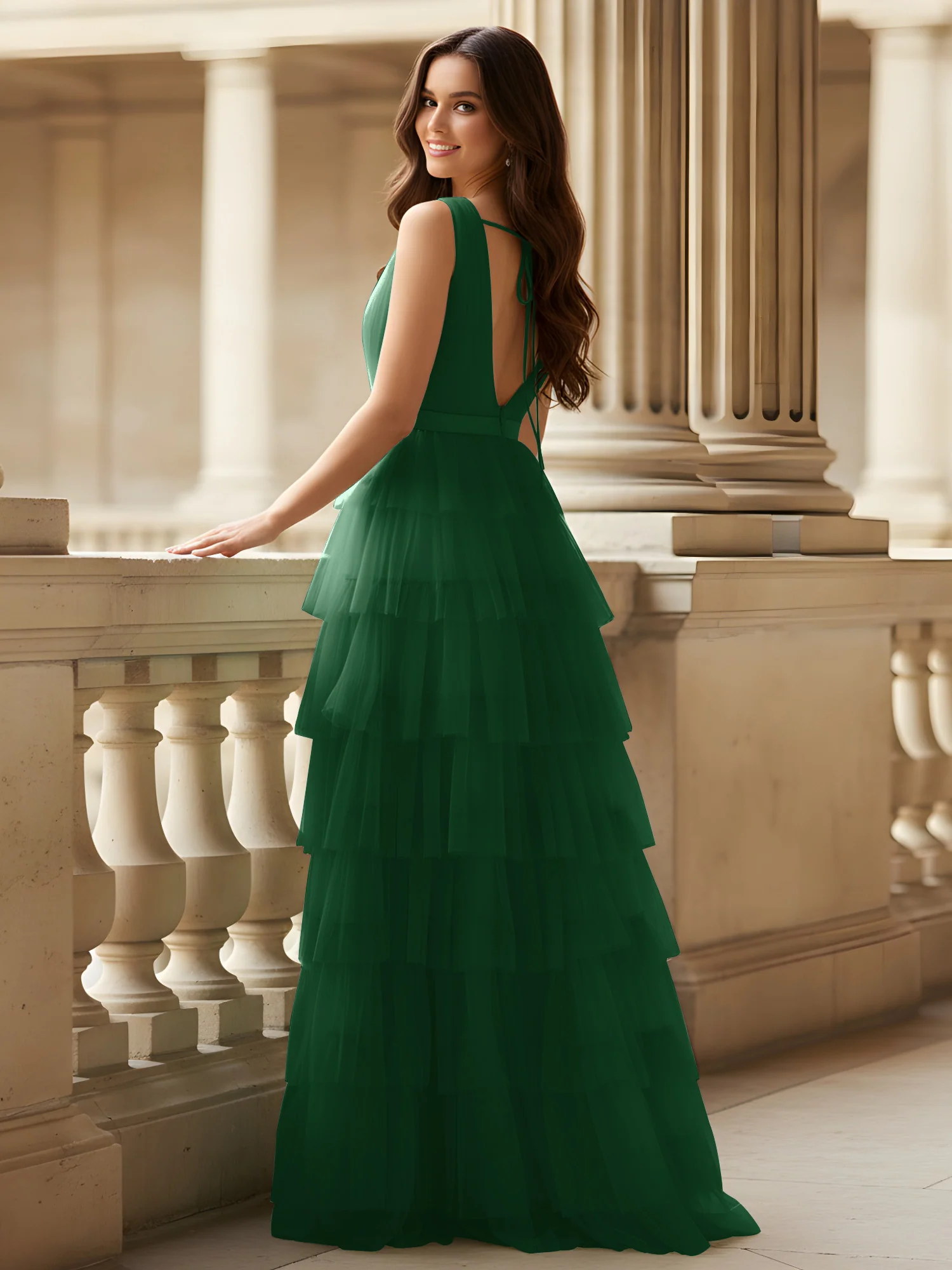 Ruched Bodice Formal Dress with Waistband Detail Dark Green - Image 2
