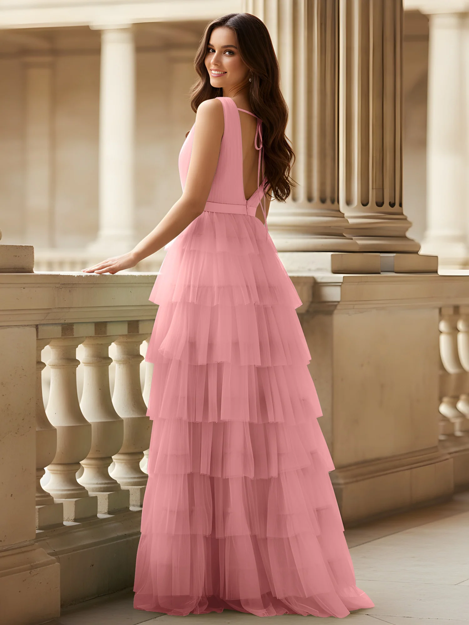 Ruched Bodice Formal Dress with Waistband Detail Flamingo - Image 2