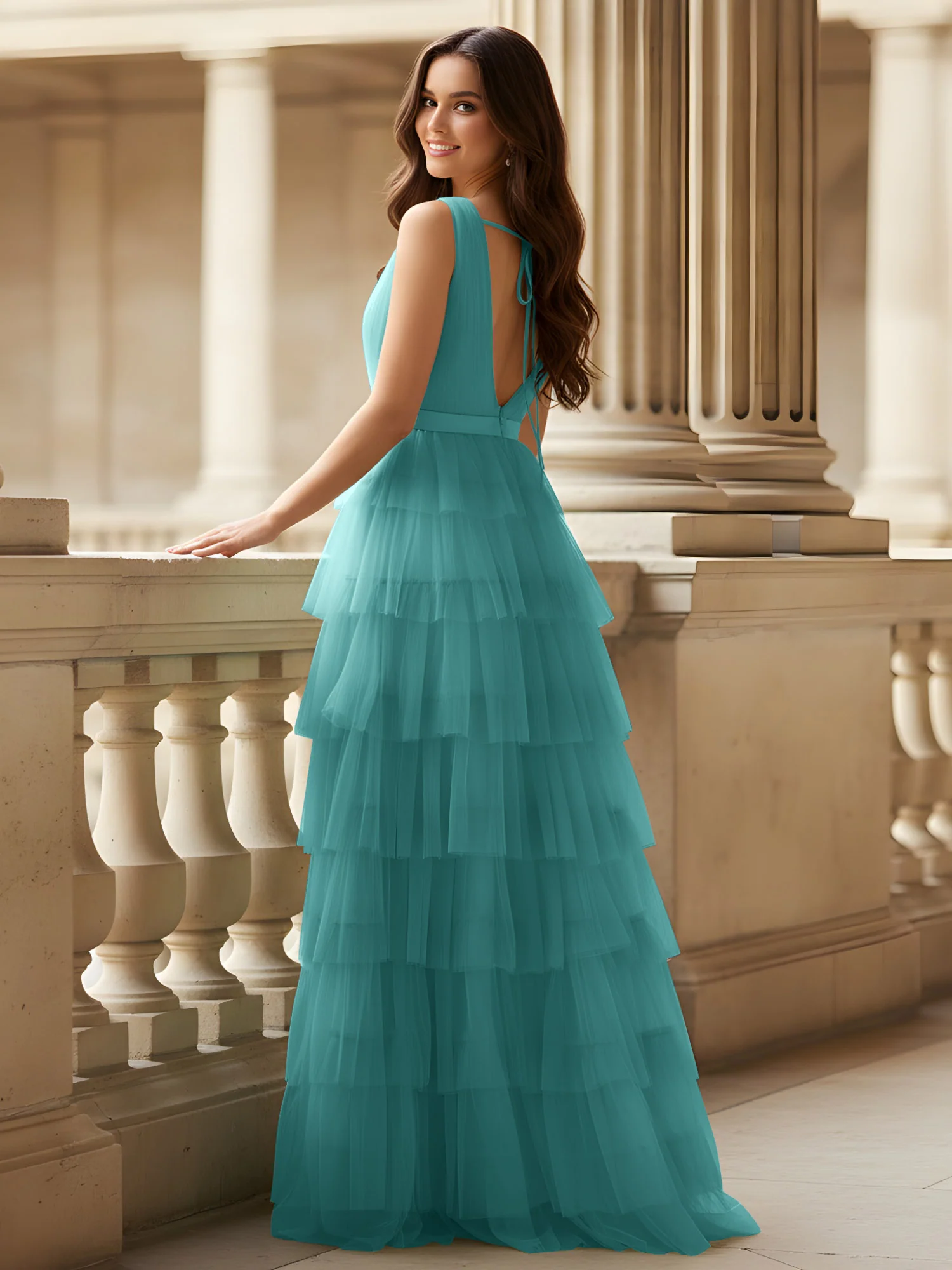 Ruched Bodice Formal Dress with Waistband Detail Jade - Image 2