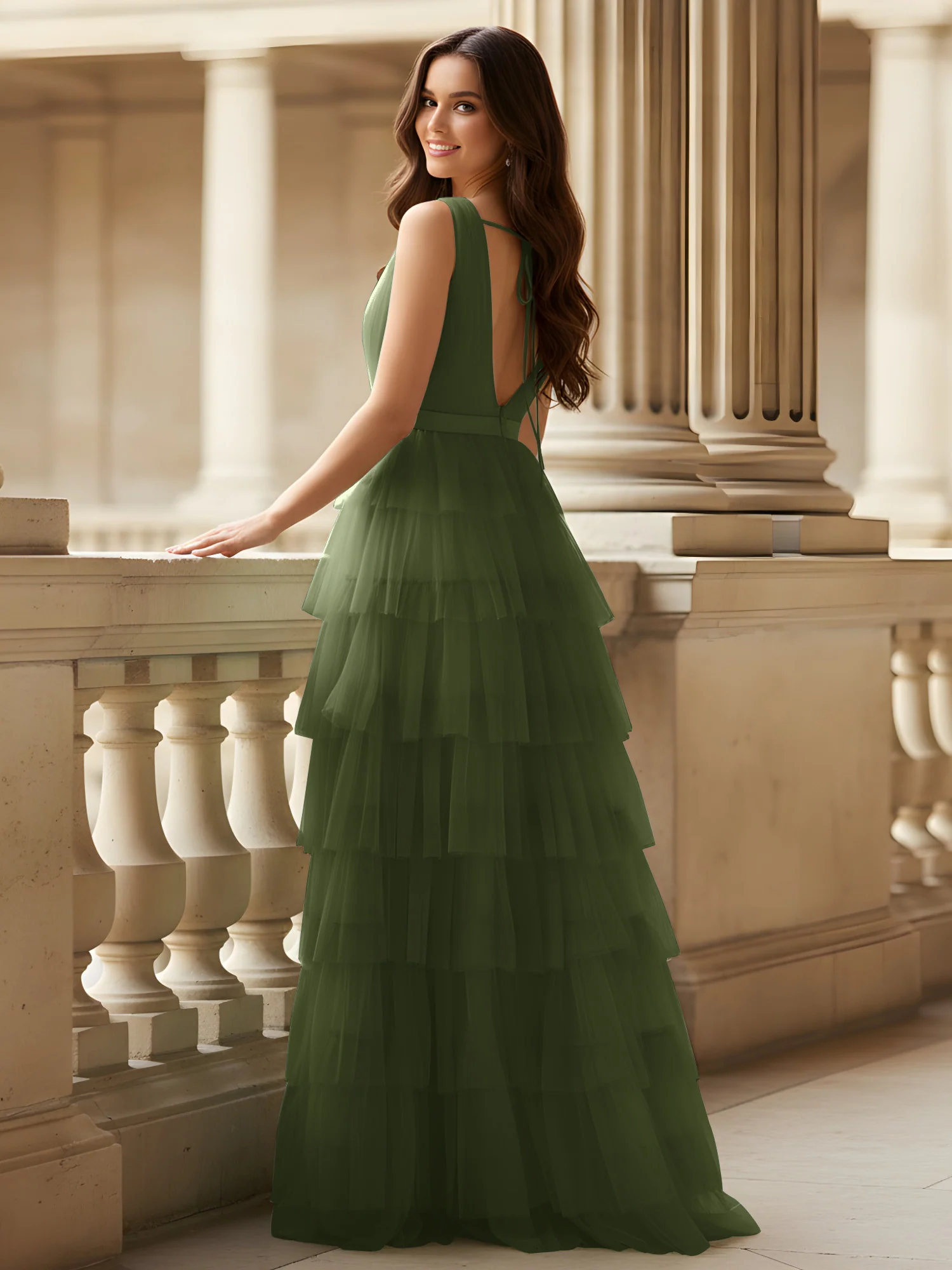 Ruched Bodice Formal Dress with Waistband Detail Olive Green - Image 2