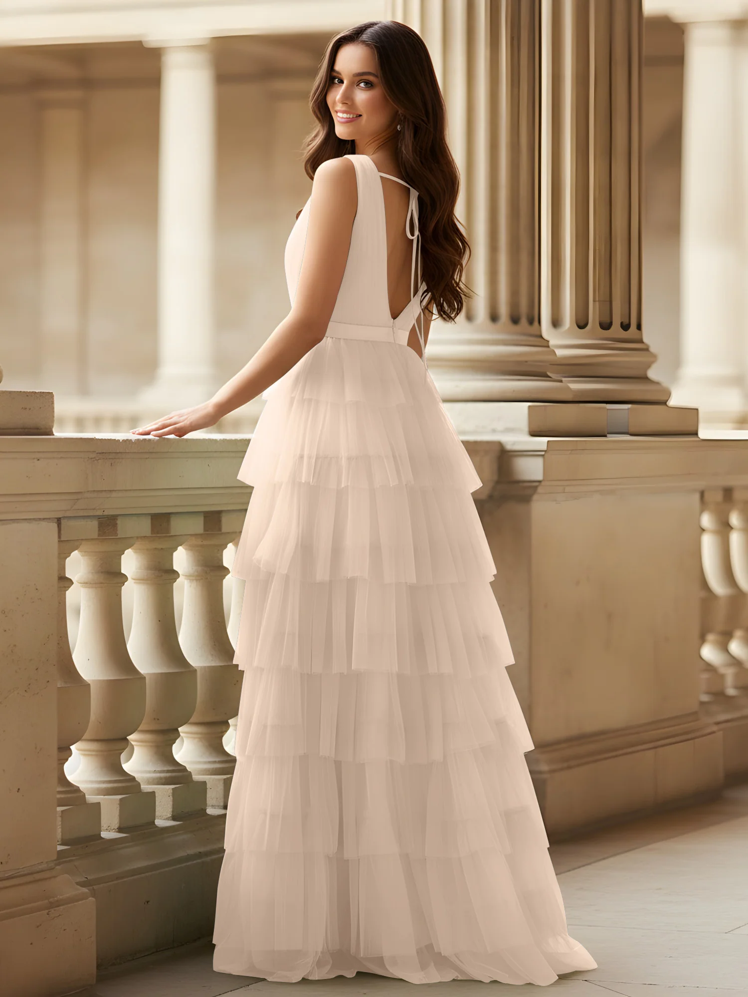 Ruched Bodice Formal Dress with Waistband Detail Peach - Image 2