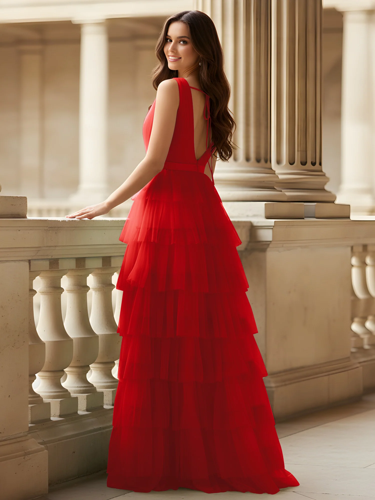 Ruched Bodice Formal Dress with Waistband Detail Red - Image 2