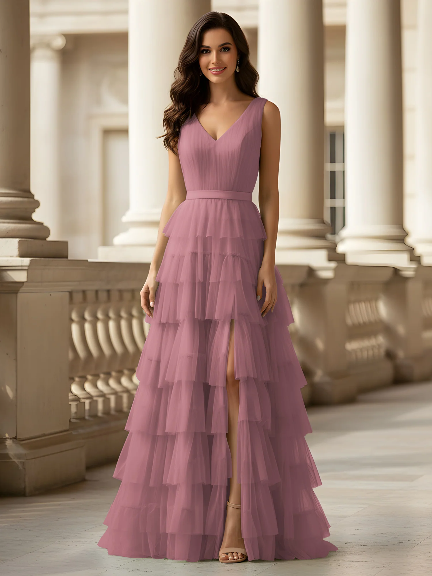 Ruched Bodice Formal Dress with Waistband Detail Vintage Mauve