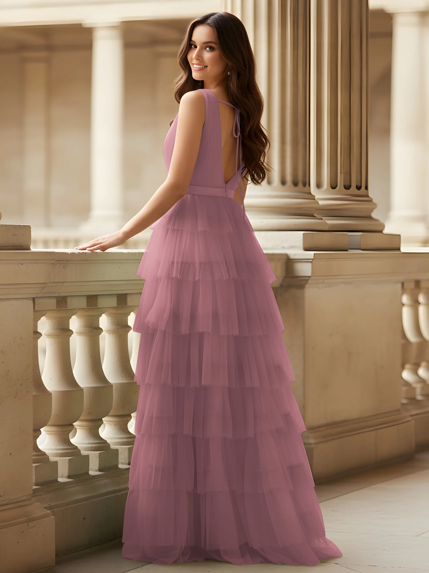 Ruched Bodice Formal Dress with Waistband Detail Vintage Mauve - Image 2