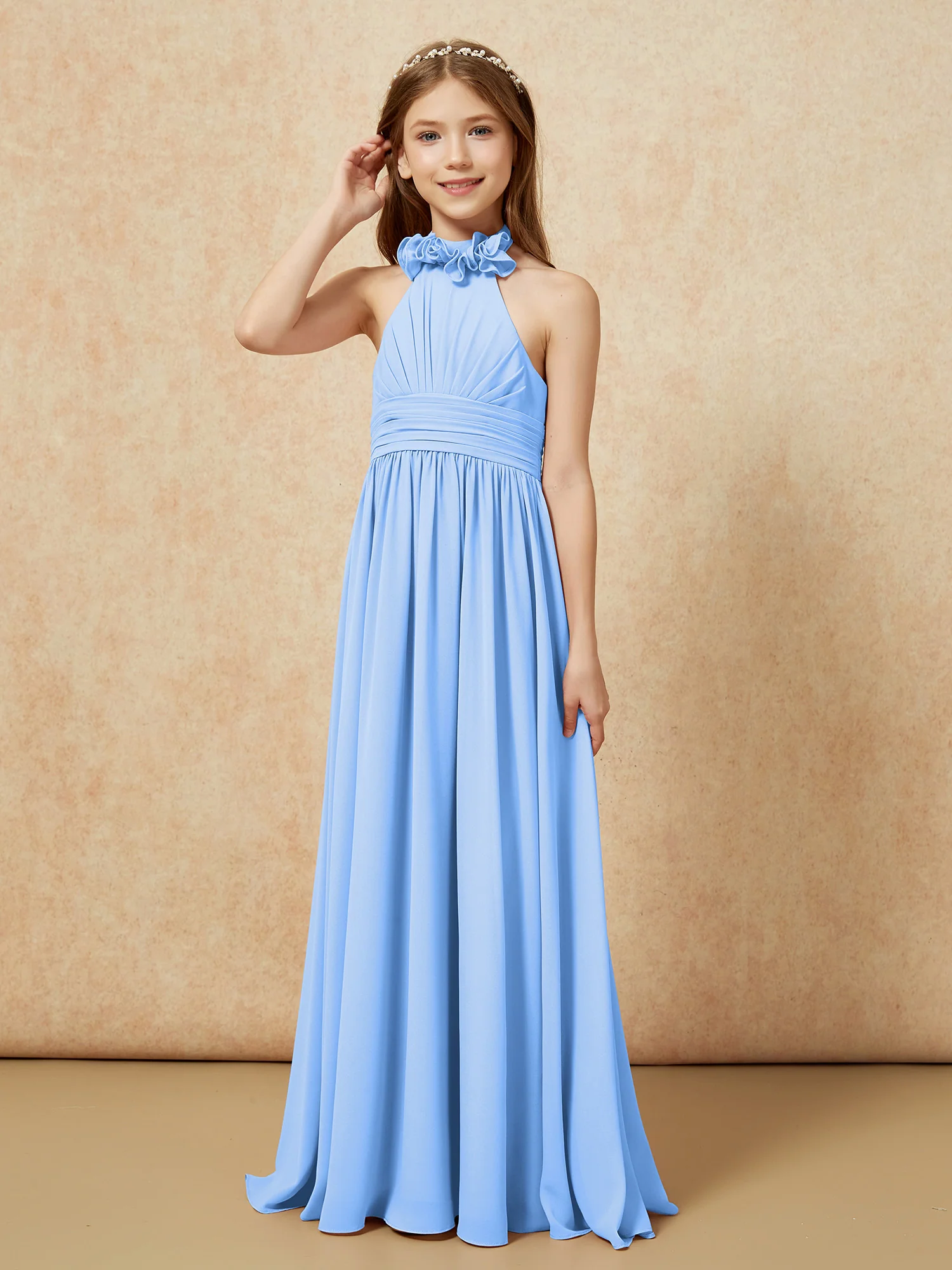 Halter Backless Chiffon Long Junior Bridesmaid Dress Blue - Image 3
