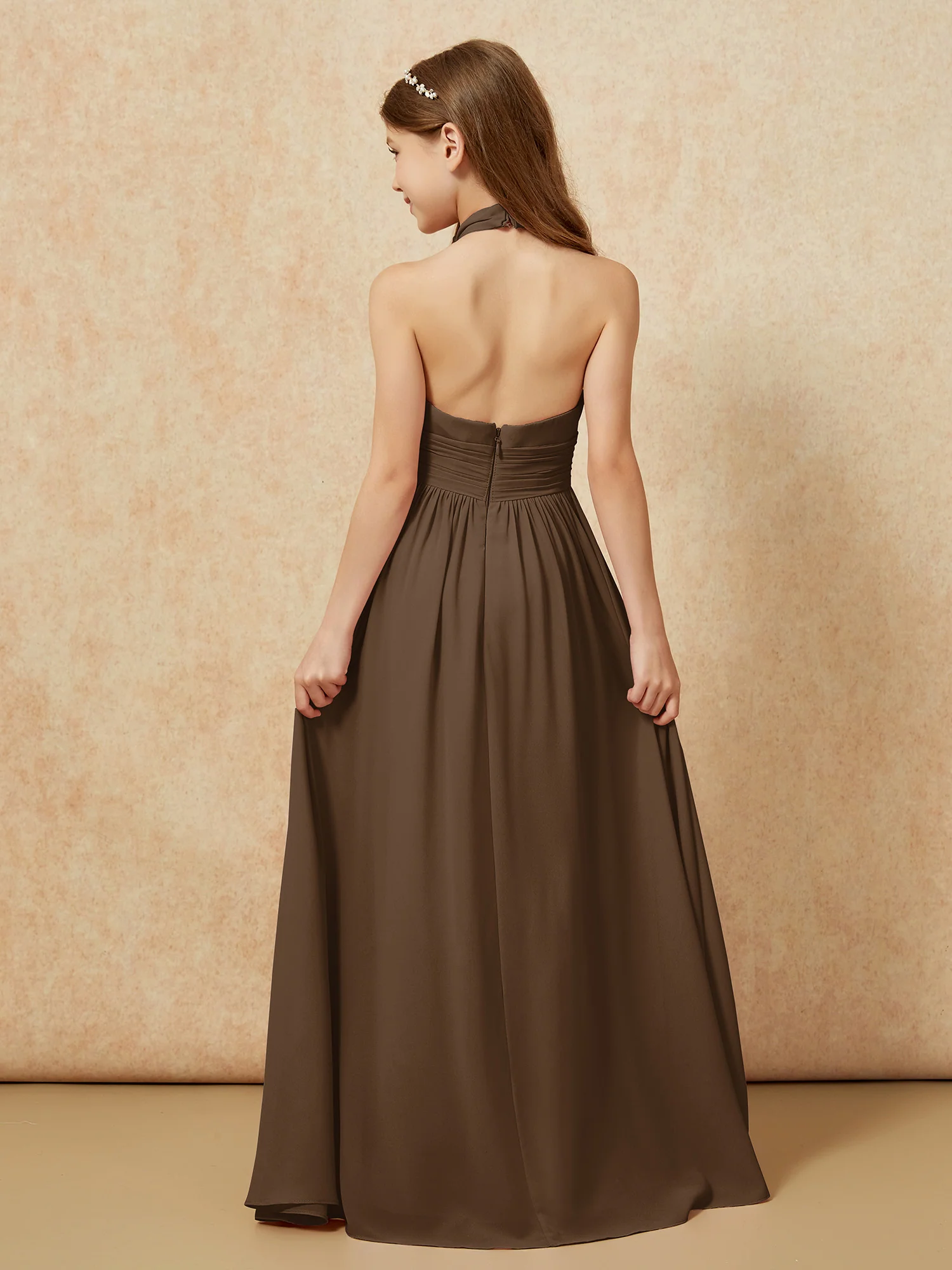 Halter Backless Chiffon Long Junior Bridesmaid Dress Brown - Image 2