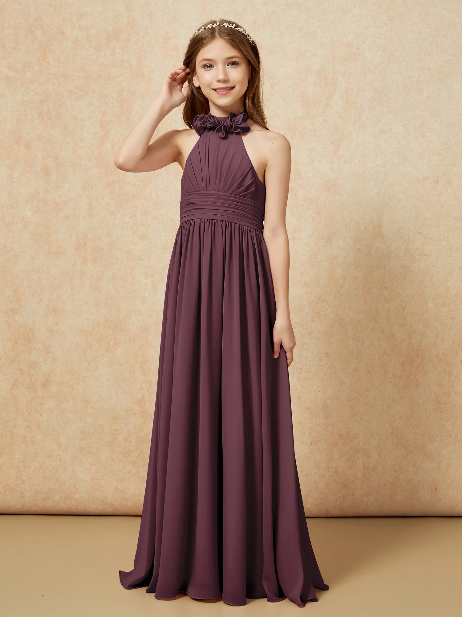 Halter Backless Chiffon Long Junior Bridesmaid Dress Cabernet - Image 3