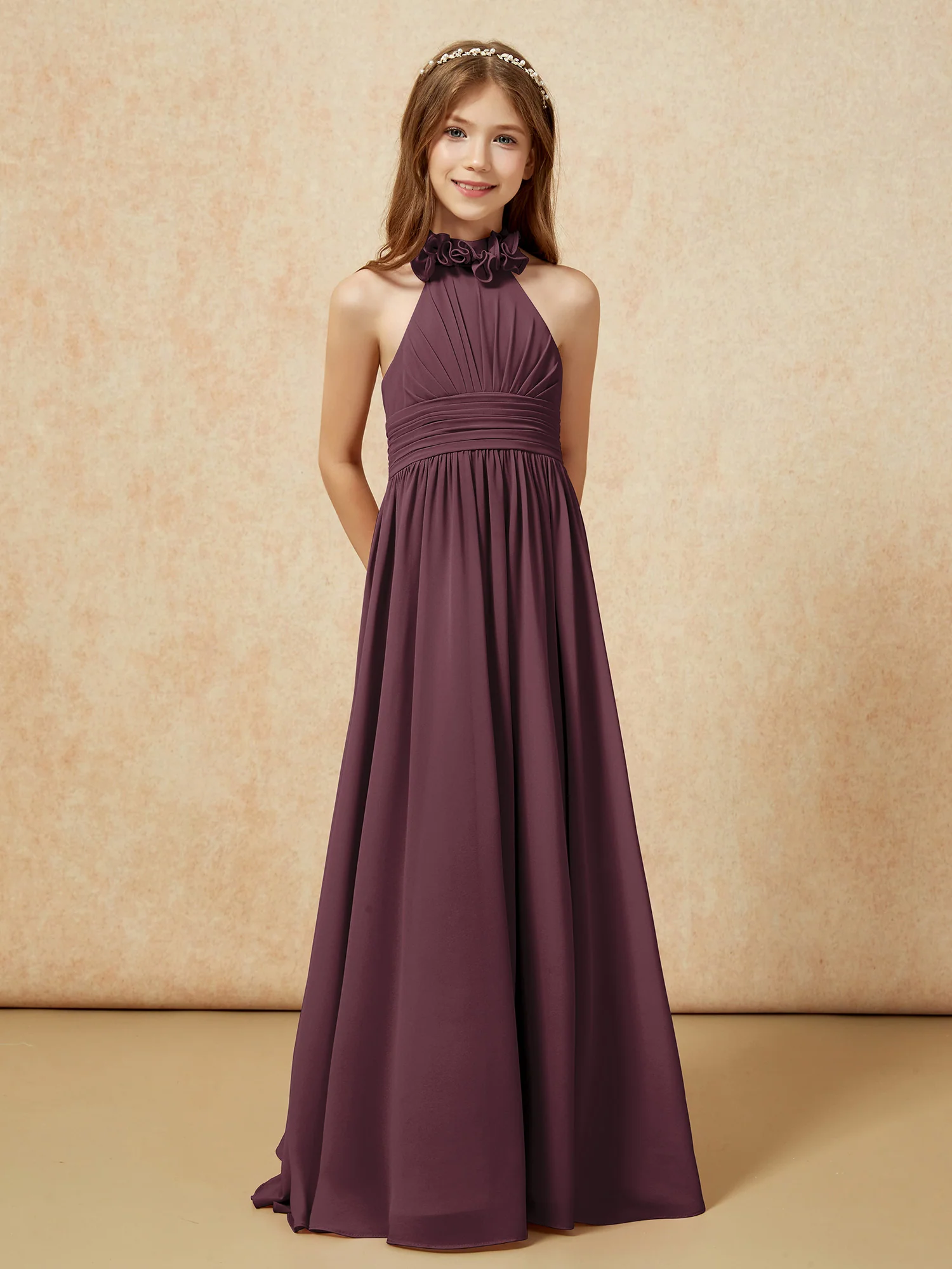 Halter Backless Chiffon Long Junior Bridesmaid Dress Cabernet - Image 5