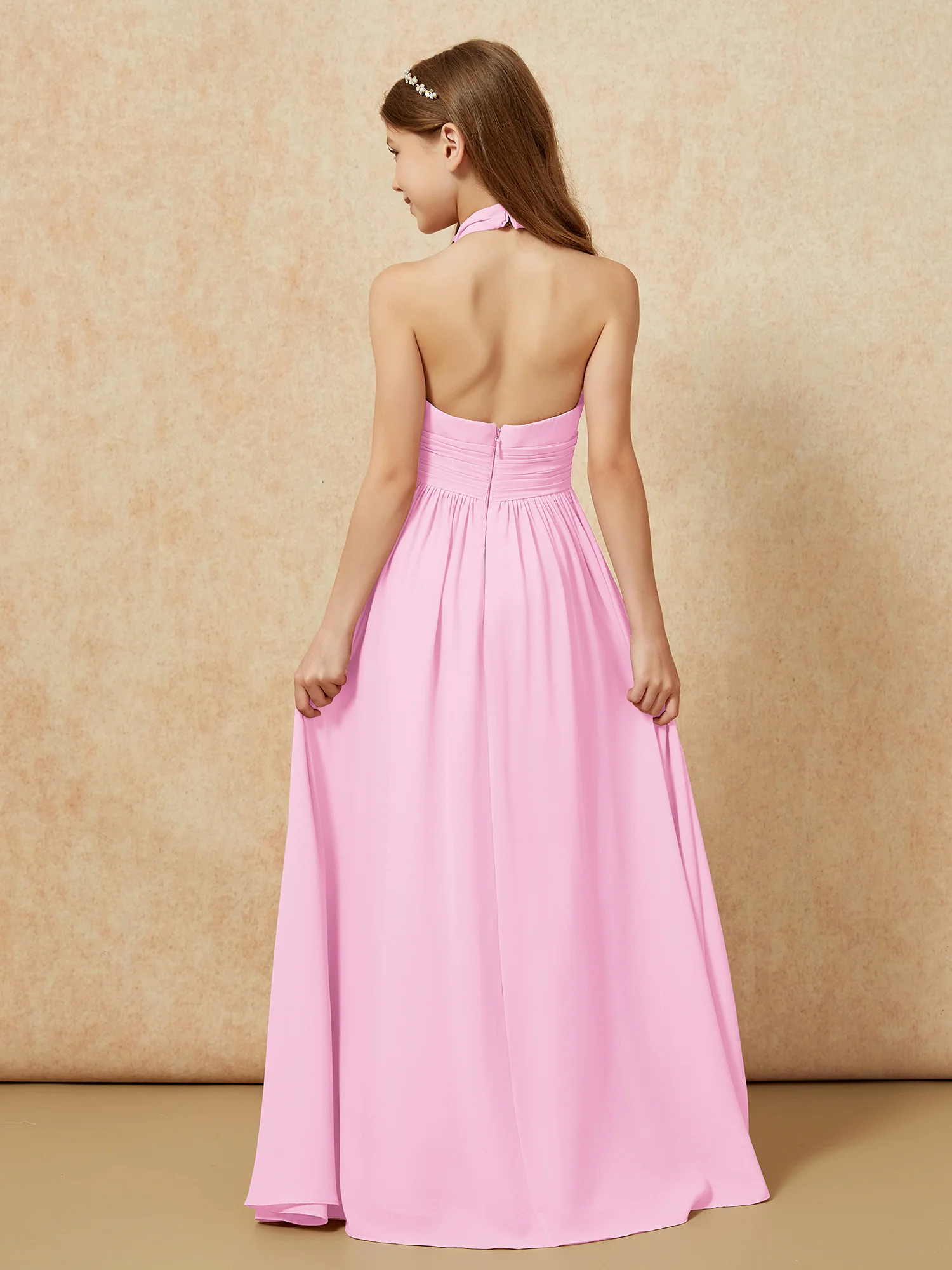 Halter Backless Chiffon Long Junior Bridesmaid Dress Candy Pink - Image 2