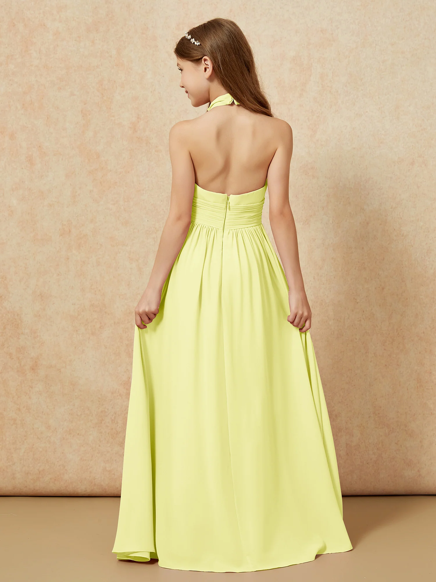 Halter Backless Chiffon Long Junior Bridesmaid Dress Daffodil - Image 2