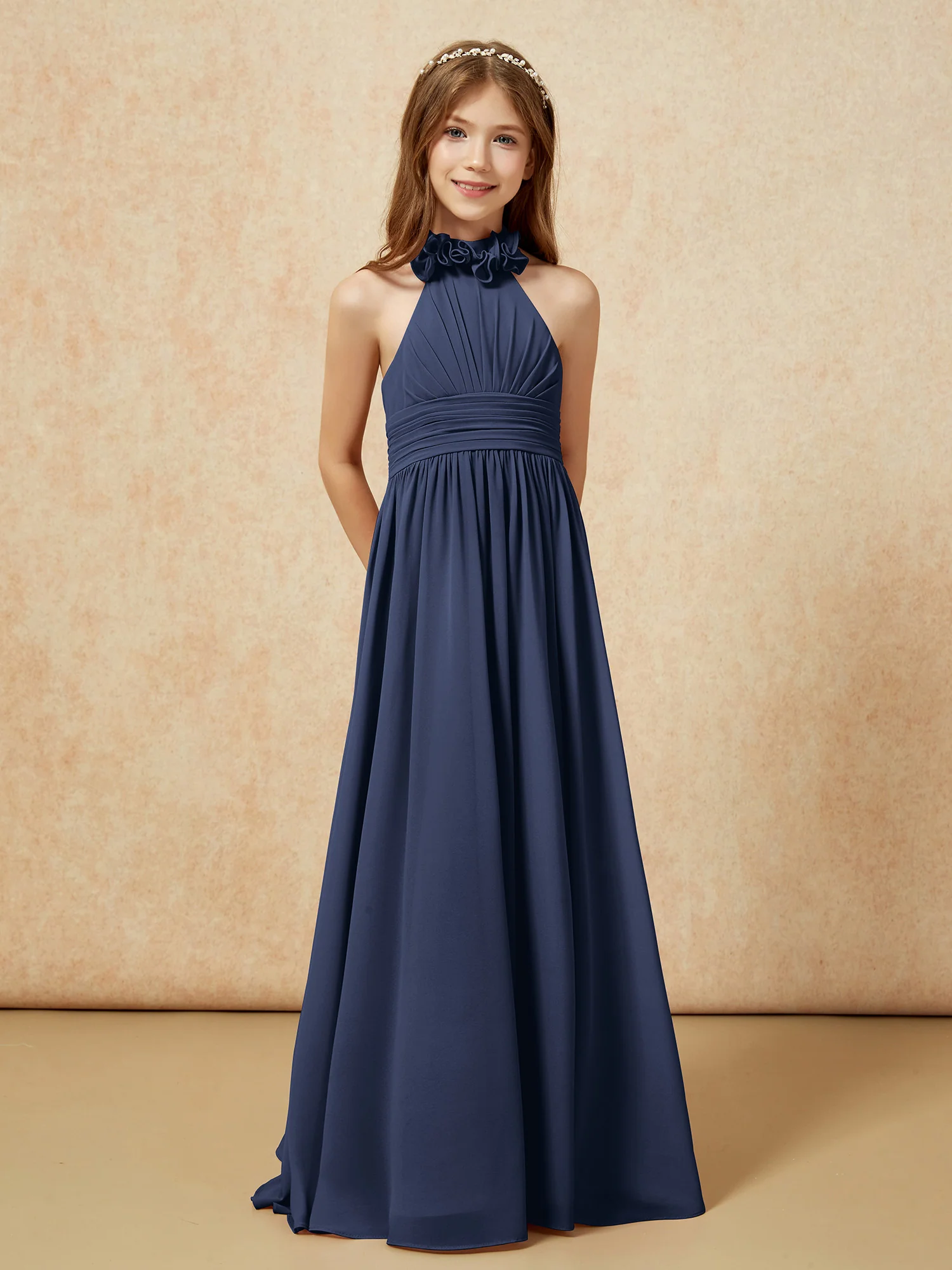 Halter Backless Chiffon Long Junior Bridesmaid Dress Dark Navy - Image 5