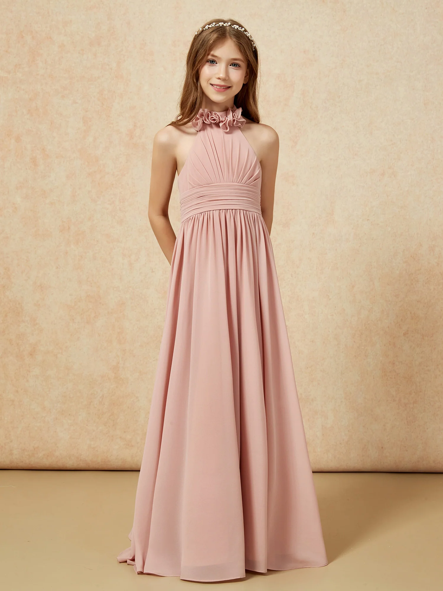 Halter Backless Chiffon Long Junior Bridesmaid Dress Dusty Rose - Image 5