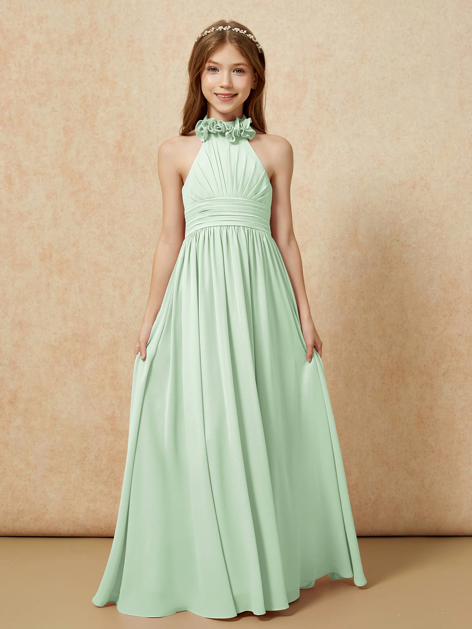 Halter Backless Chiffon Long Junior Bridesmaid Dress Dusty Sage - Image 4