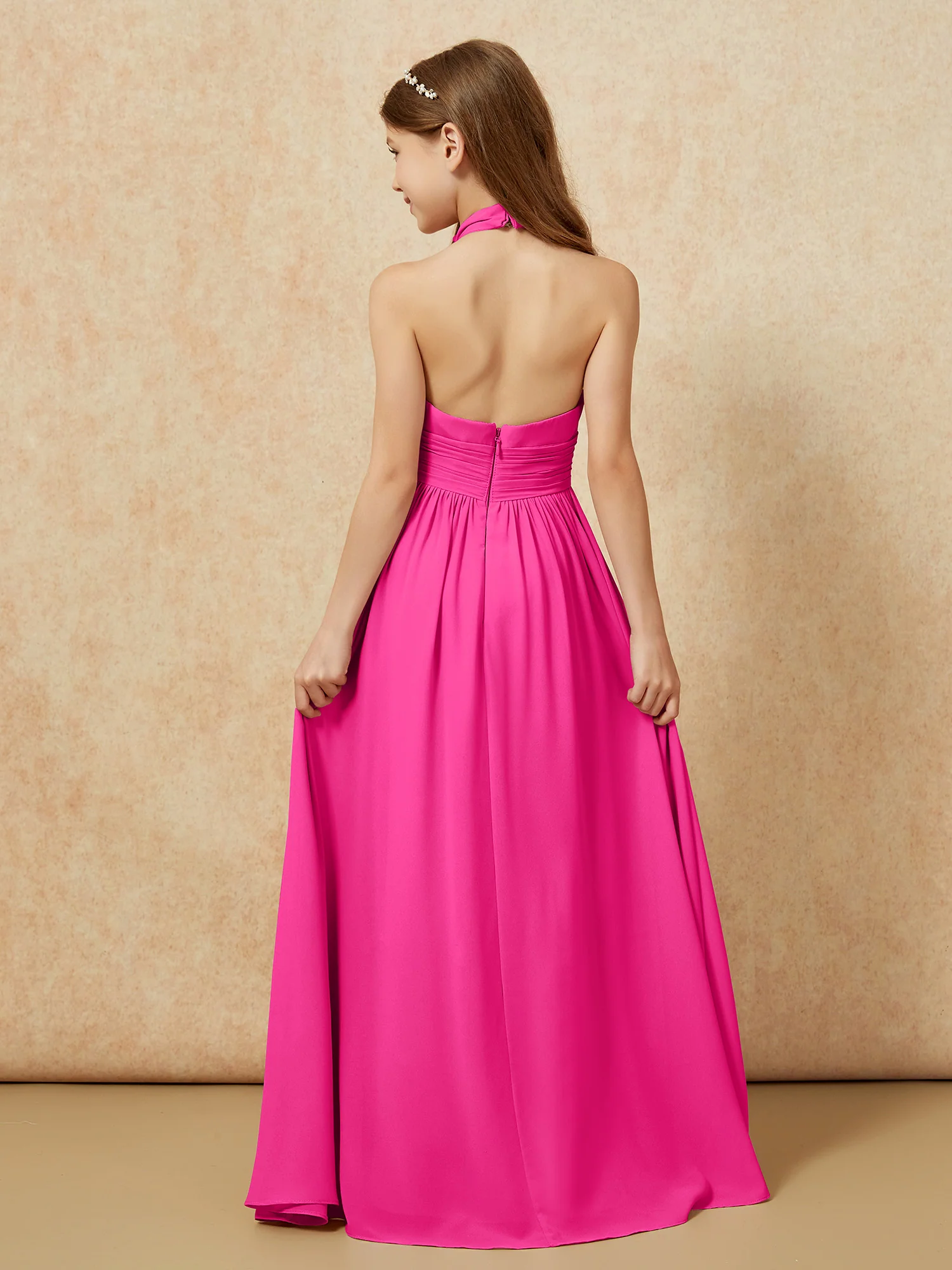 Halter Backless Chiffon Long Junior Bridesmaid Dress Fuchsia - Image 2