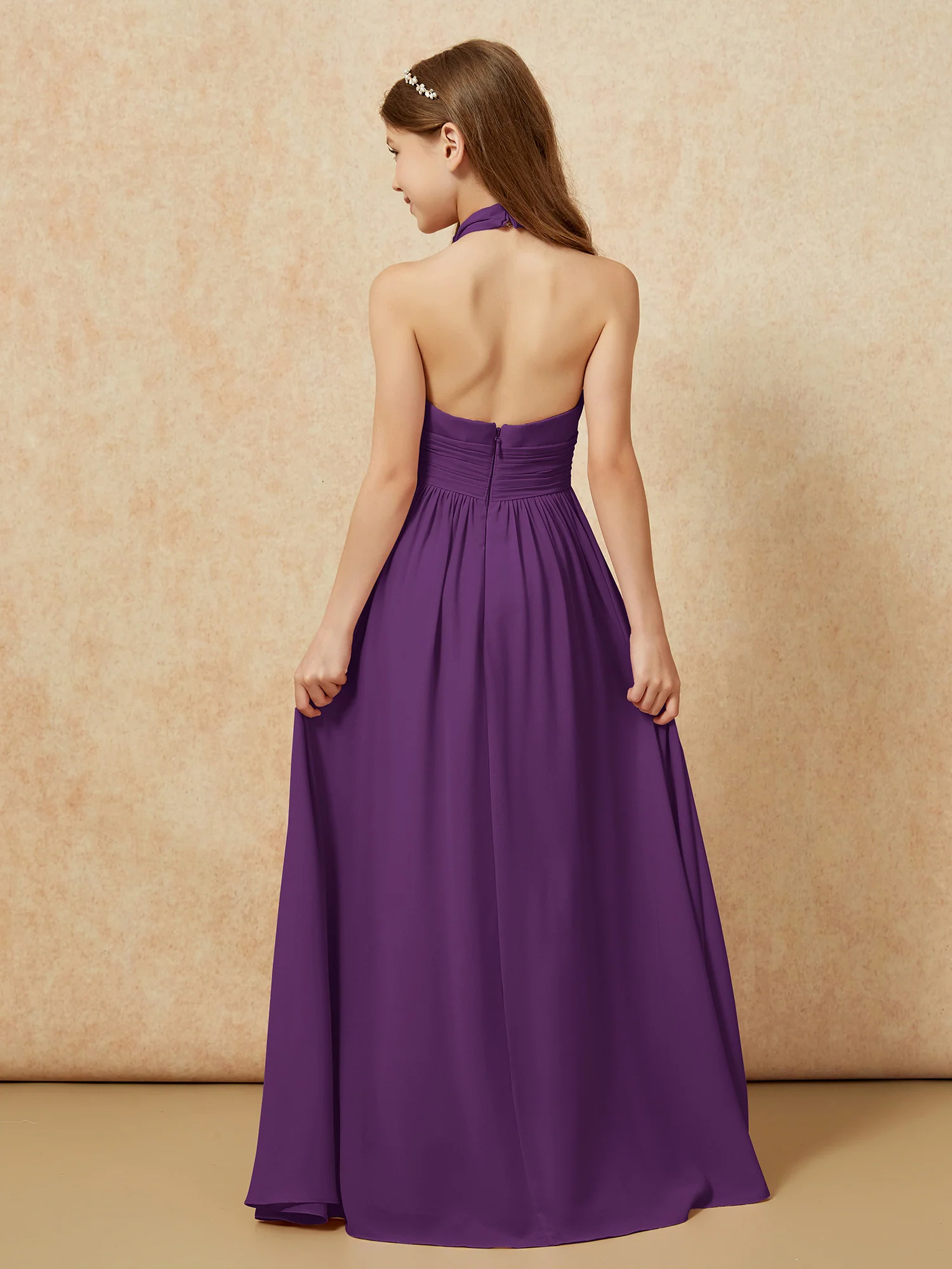 Halter Backless Chiffon Long Junior Bridesmaid Dress Grape - Image 2