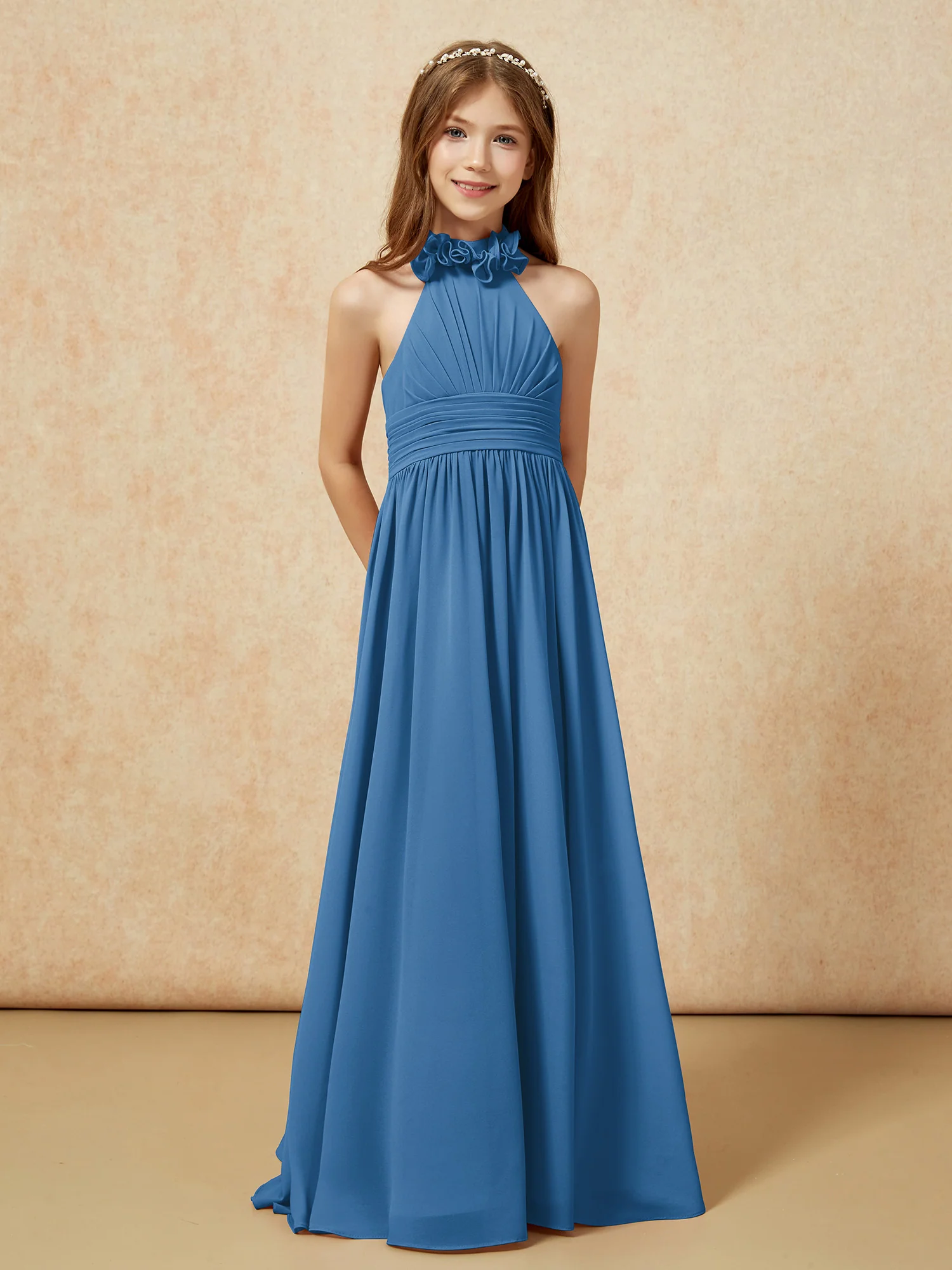 Halter Backless Chiffon Long Junior Bridesmaid Dress Ink Blue - Image 5