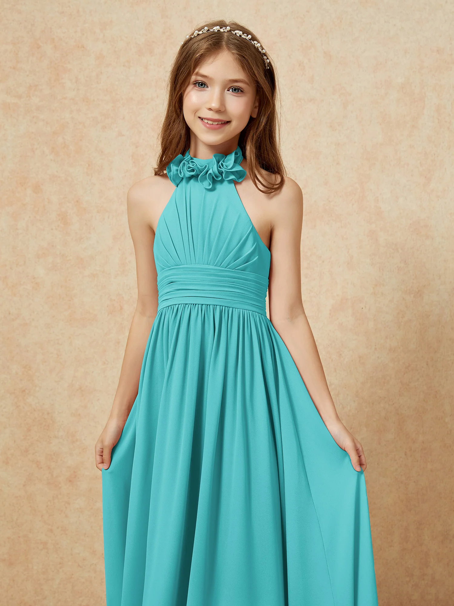 Halter Backless Chiffon Long Junior Bridesmaid Dress Jade - Image 6