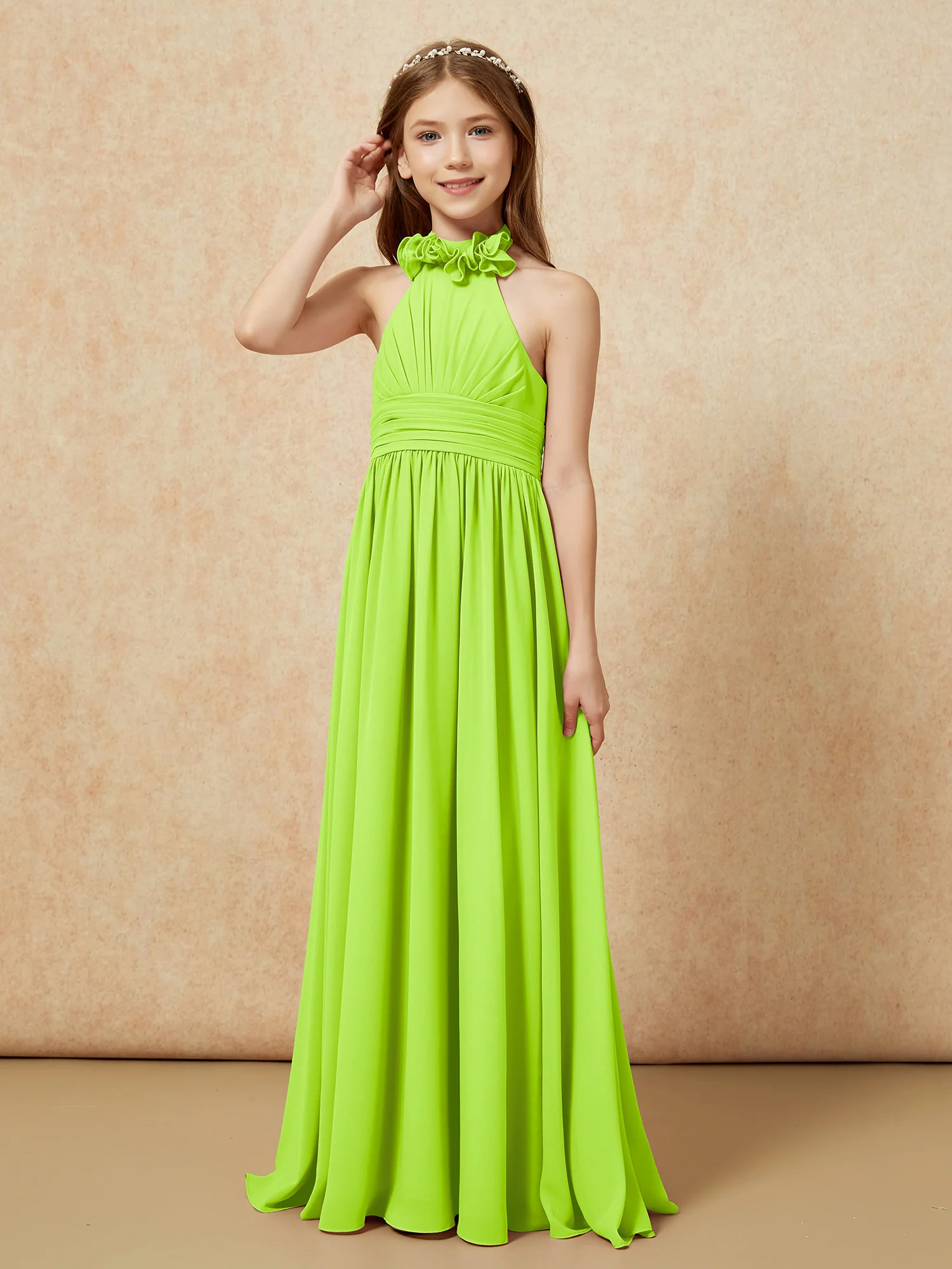 Halter Backless Chiffon Long Junior Bridesmaid Dress Lime Green - Image 3