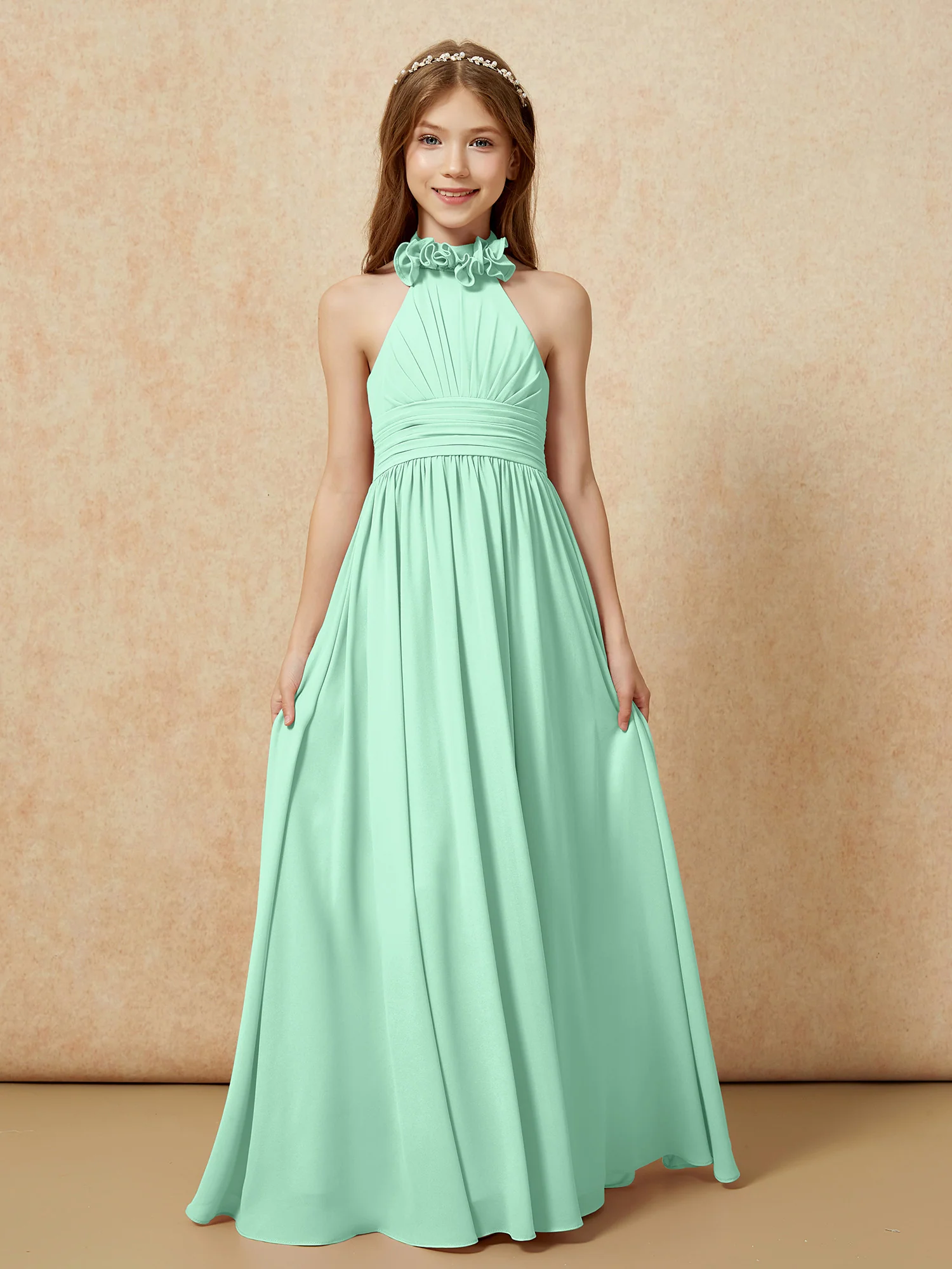Halter Backless Chiffon Long Junior Bridesmaid Dress Mint Green - Image 4