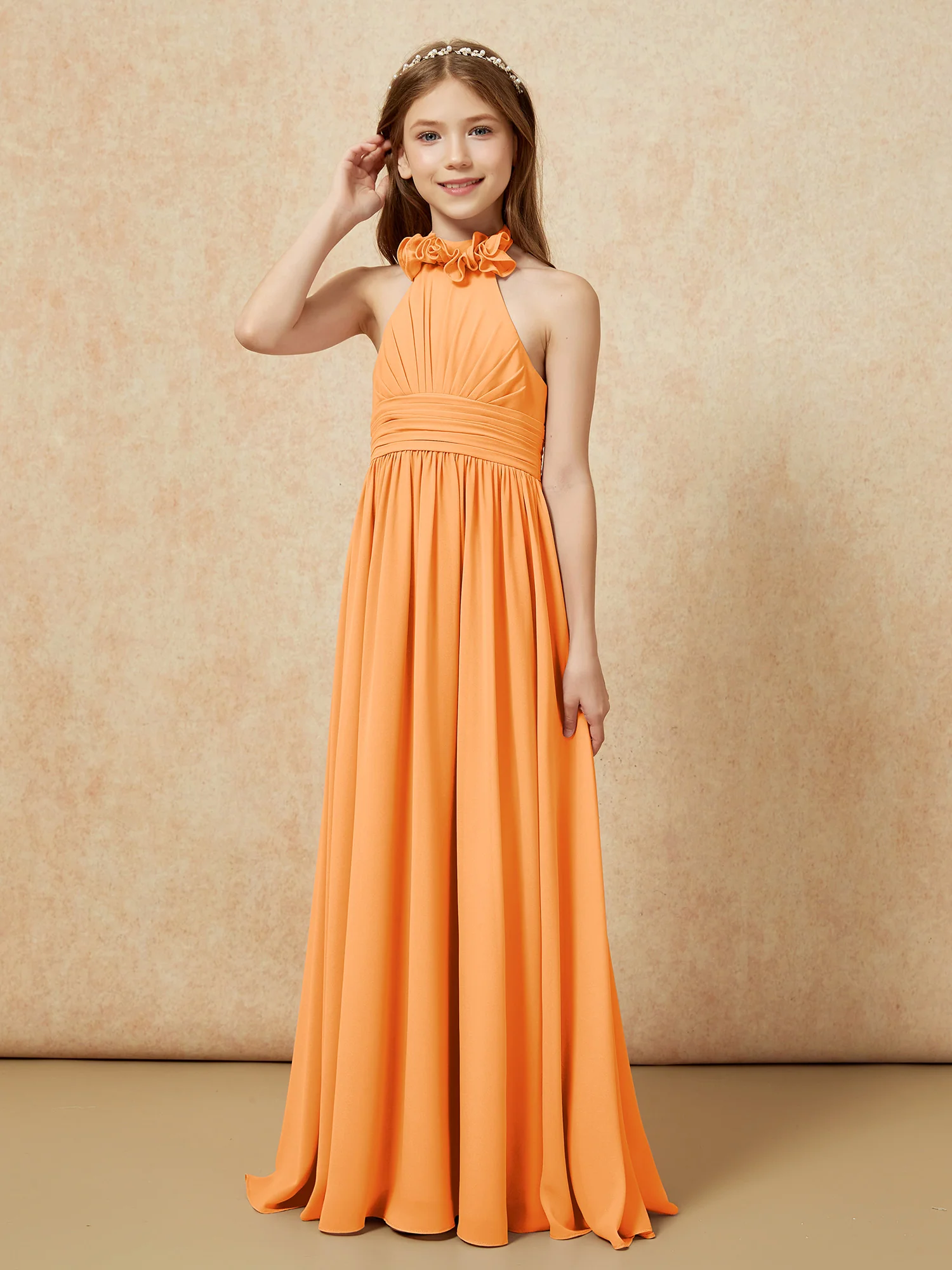 Halter Backless Chiffon Long Junior Bridesmaid Dress Orange - Image 3