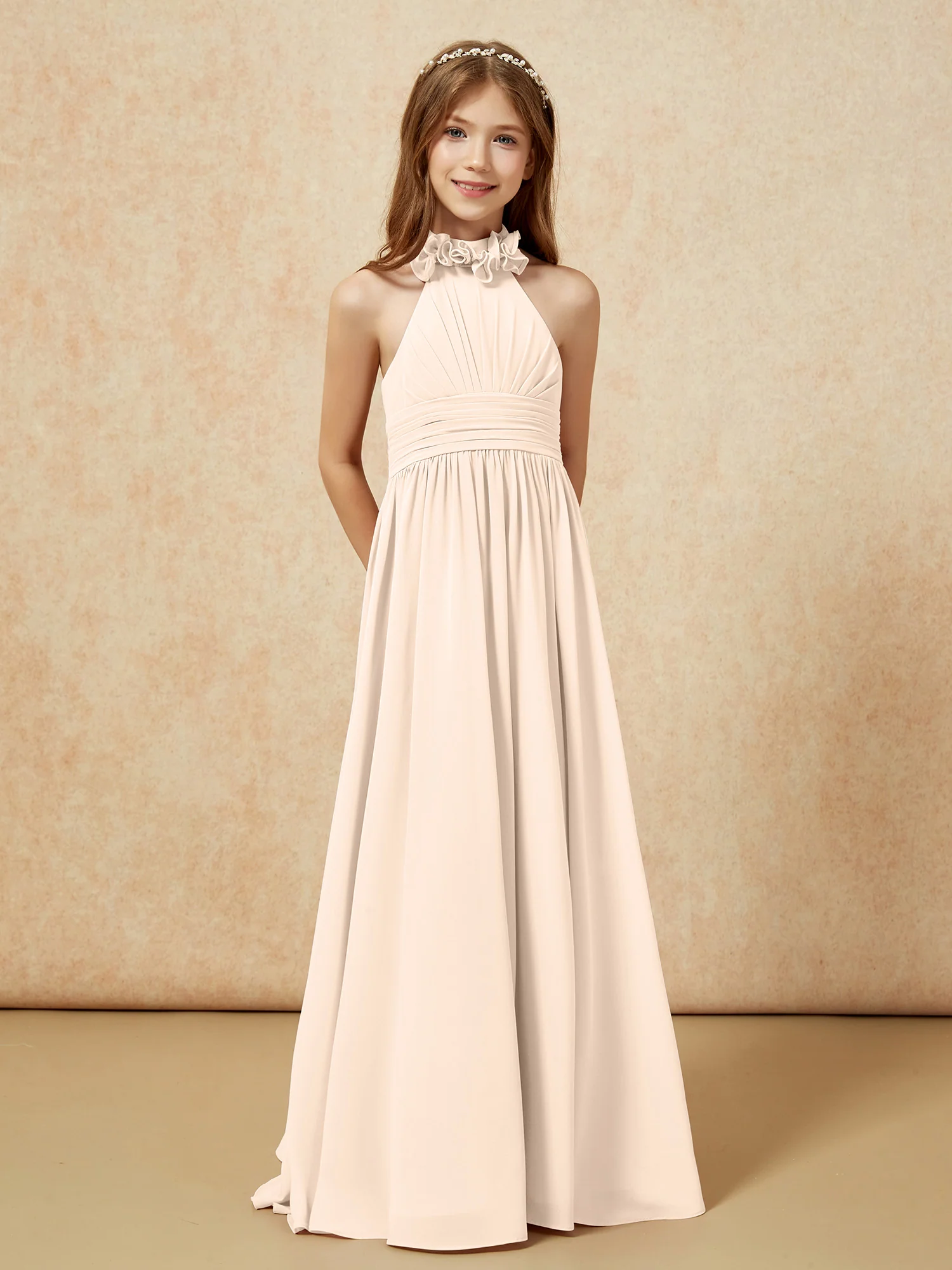Halter Backless Chiffon Long Junior Bridesmaid Dress Peach - Image 5