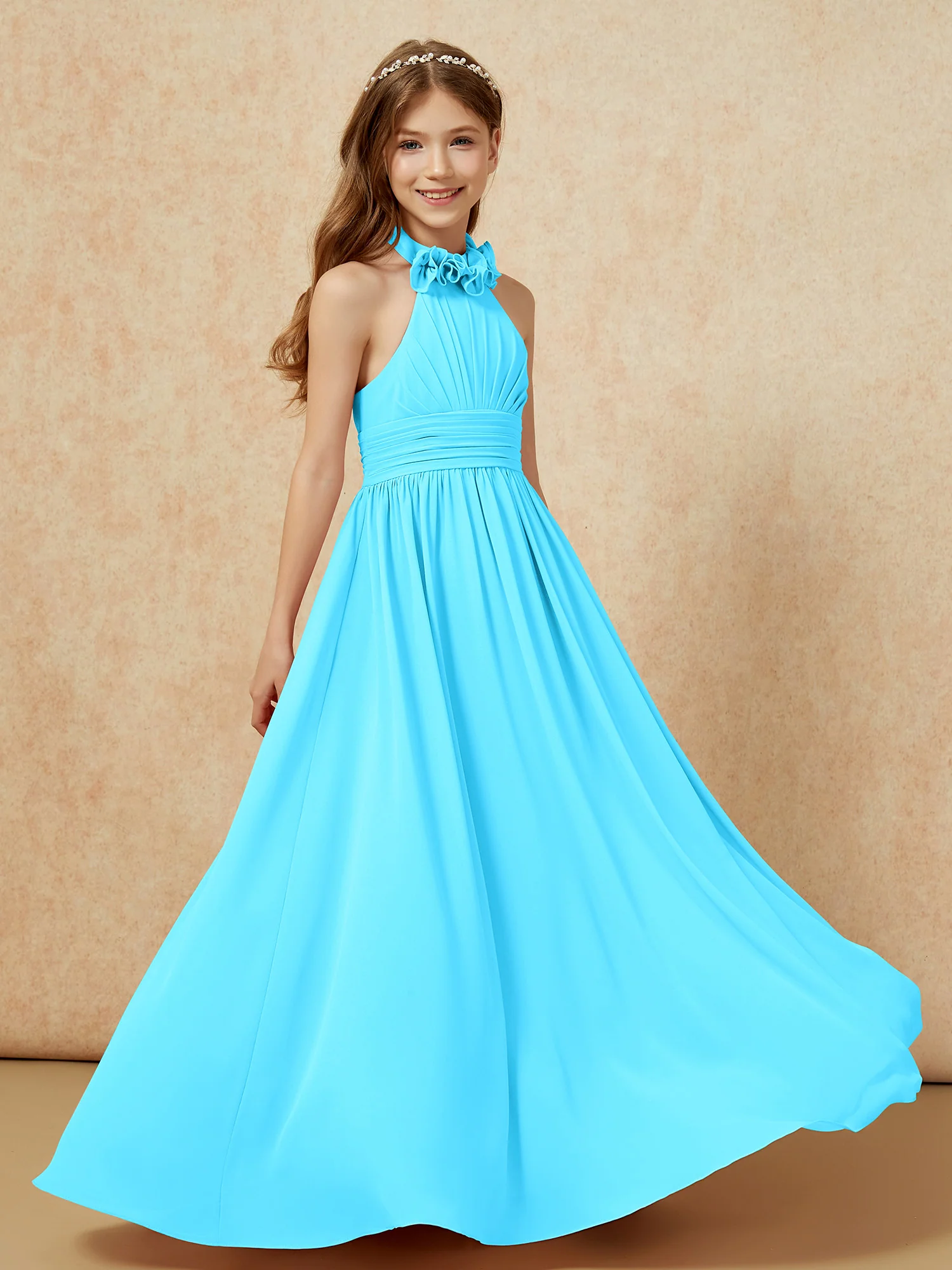 Halter Backless Chiffon Long Junior Bridesmaid Dress Pool