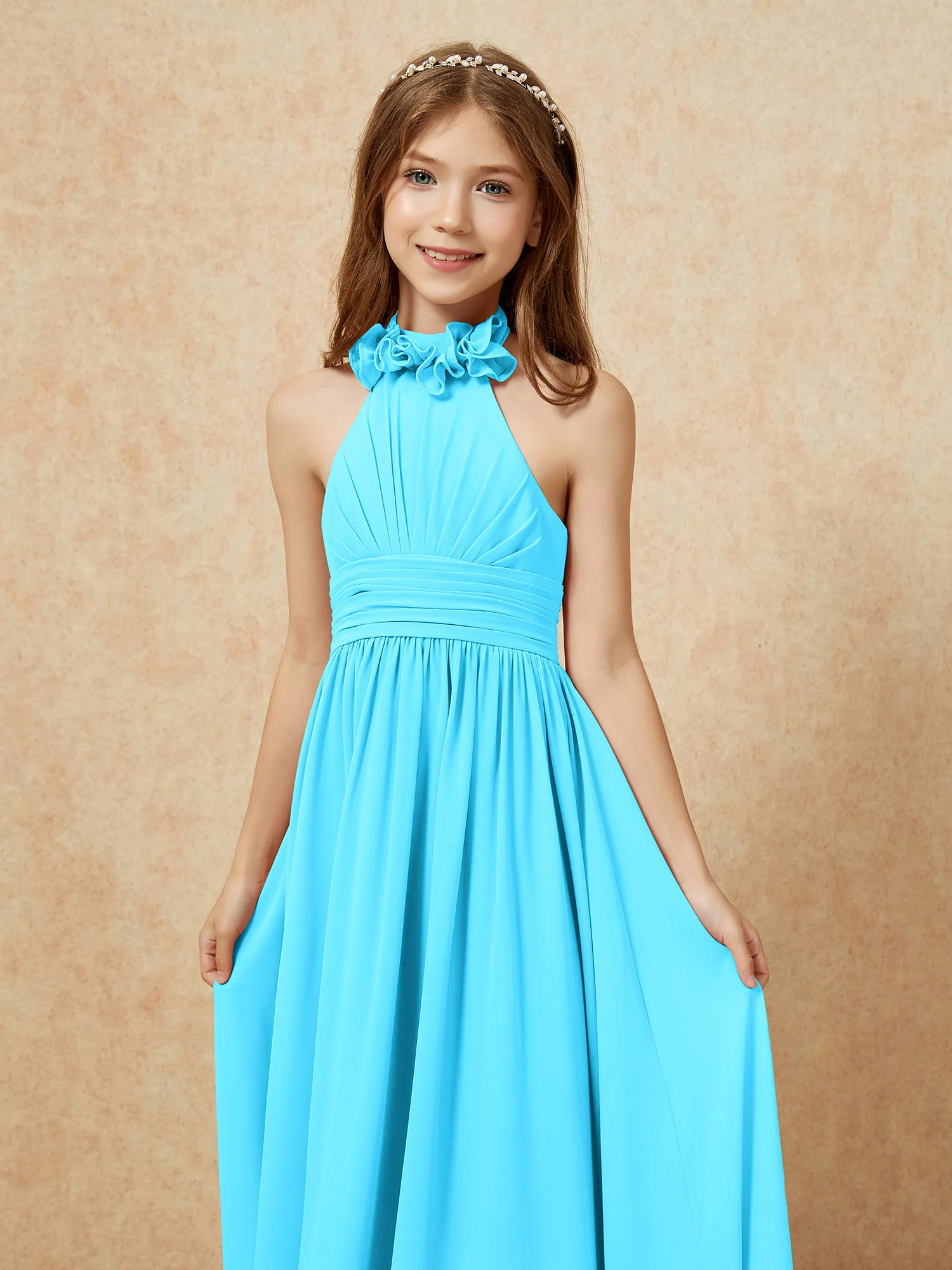 Halter Backless Chiffon Long Junior Bridesmaid Dress Pool - Image 6