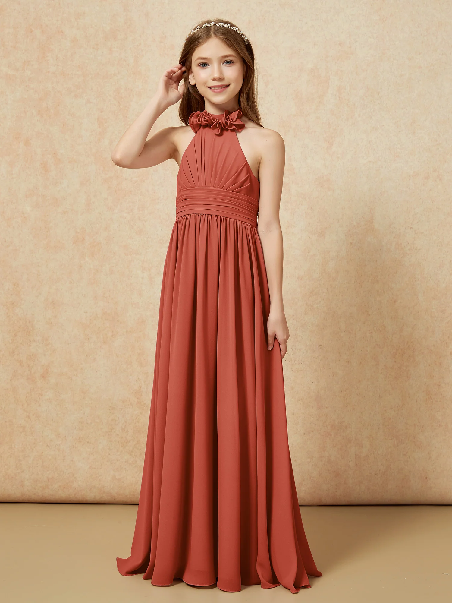 Halter Backless Chiffon Long Junior Bridesmaid Dress Rust - Image 3