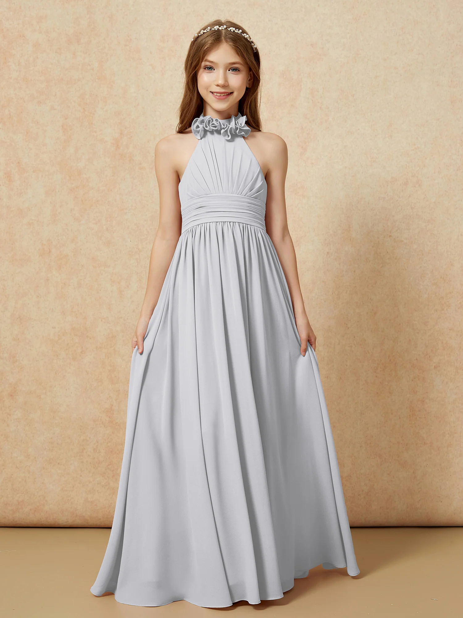 Halter Backless Chiffon Long Junior Bridesmaid Dress Silver - Image 4